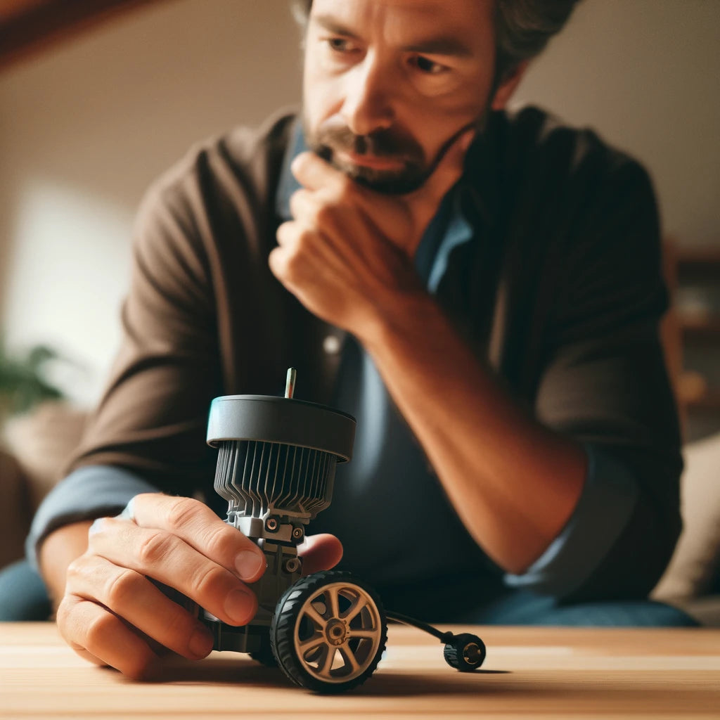A thoughtful parent looking at a small electric motor intended for a kid's ride-on car
