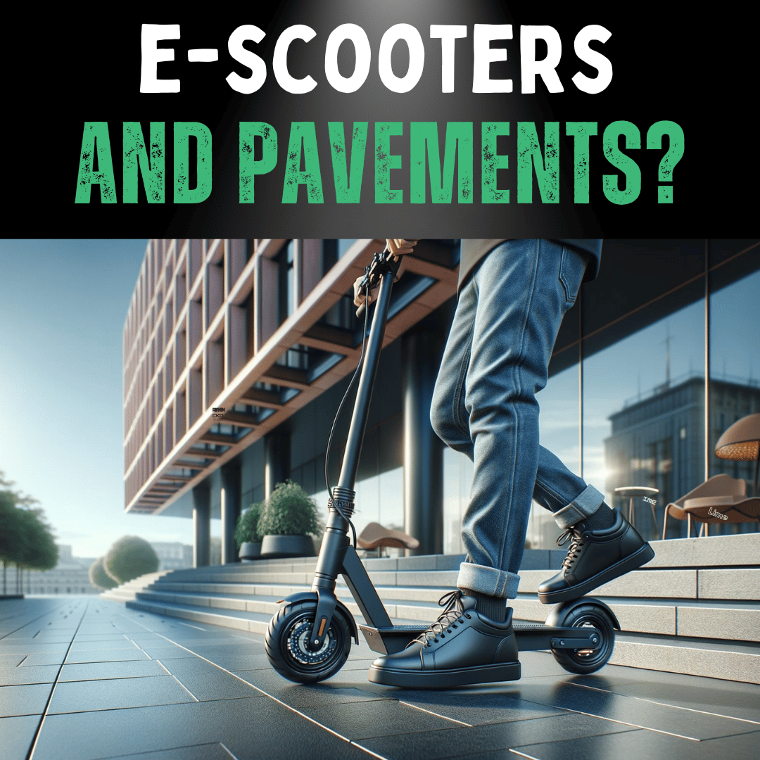 Photo-realistic urban scene highlighting a black electric scooter in the foreground. Detailed parts of the scooter, like the footboard and front wheel, are evident