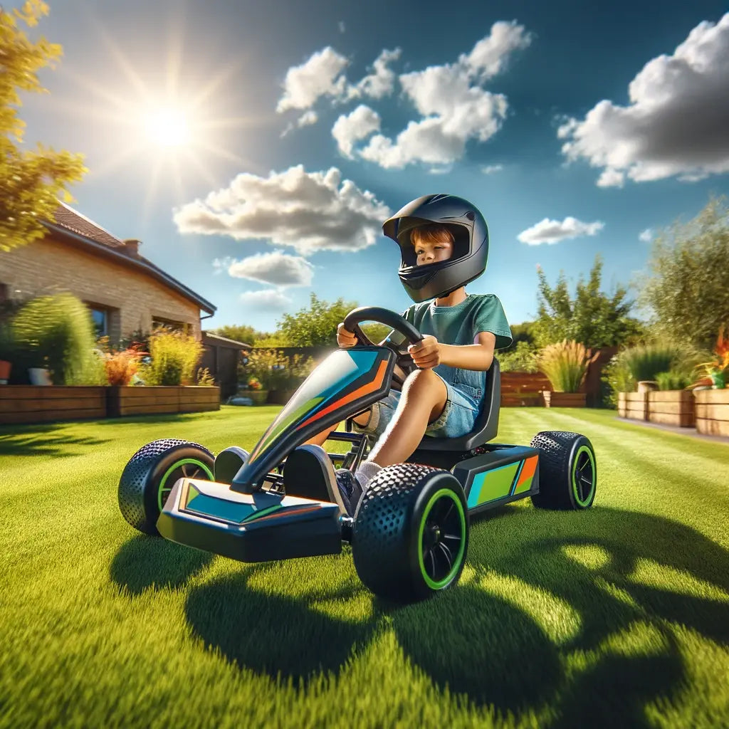child driving an electric go-kart on a well-maintained grass lawn. The scene is outdoors, in a spacious suburban backyard