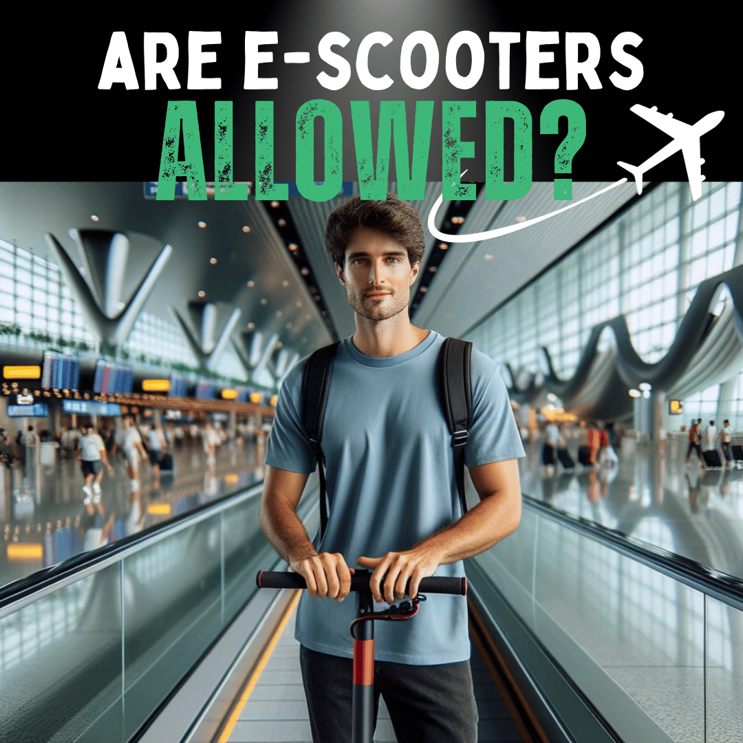 A photo of an adult male with light brown skin, wearing a casual blue t-shirt and dark pants, holding the handle of a folded e-scooter with his left hand