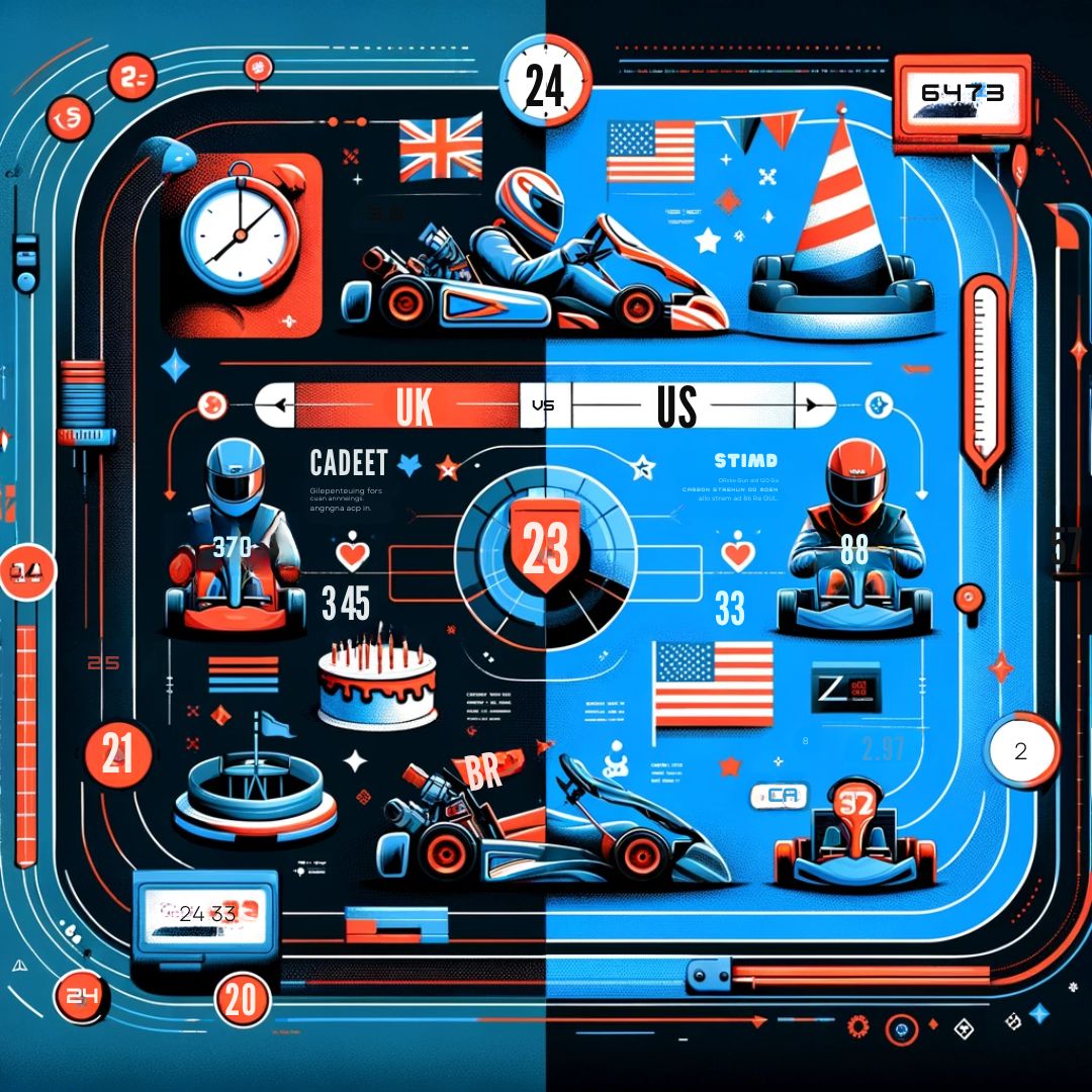 An infographic illustrating the concept of go-karting age limits in the UK and the US