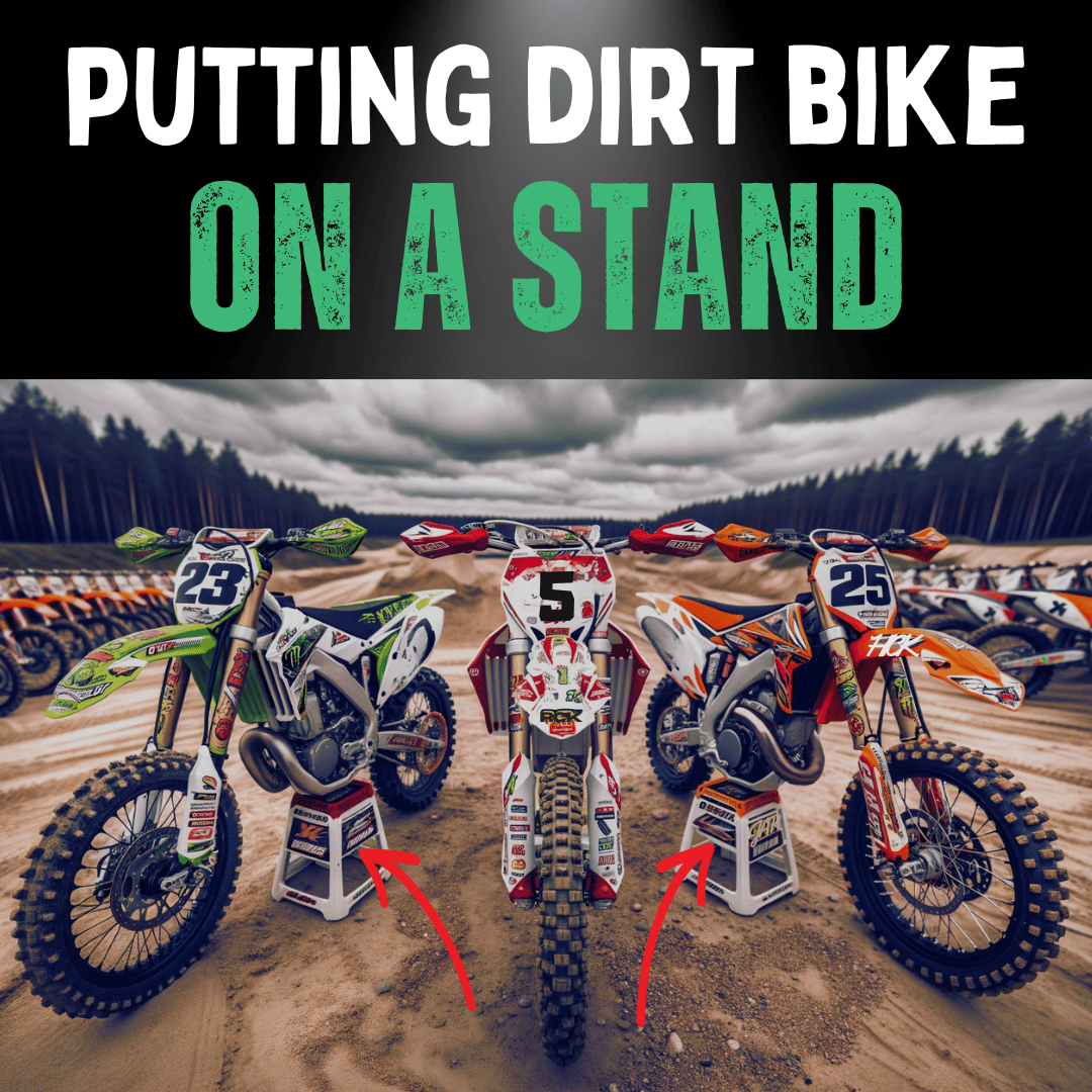 Three dirt bikes on stands surrounded by other dirt bikes off the beaten track