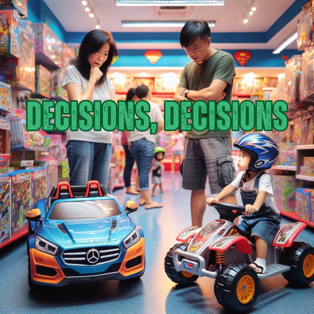 Parents stand beside a display of a kids' ride-on car and a kids' ride-on go-kart, deep in discussion. Their child, helmet on head, eagerly climbs from the ride-on car into the go-kart