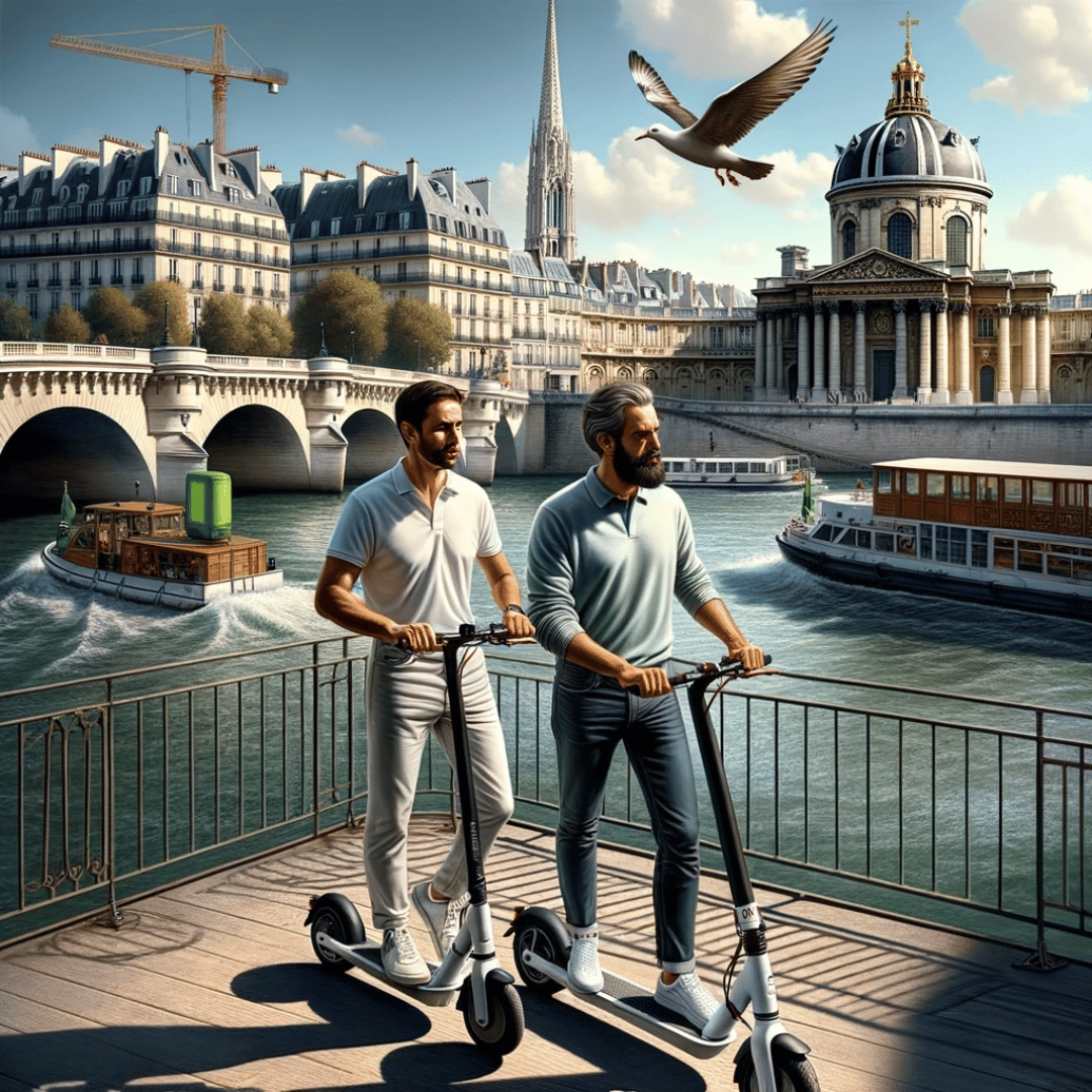 Two middle aged men standing on escooters looking over a river