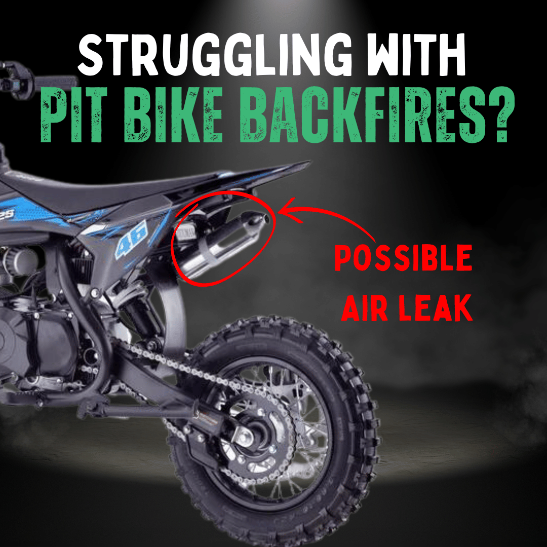 An image of the back of a pit bike with the annotation "possible air leak"
