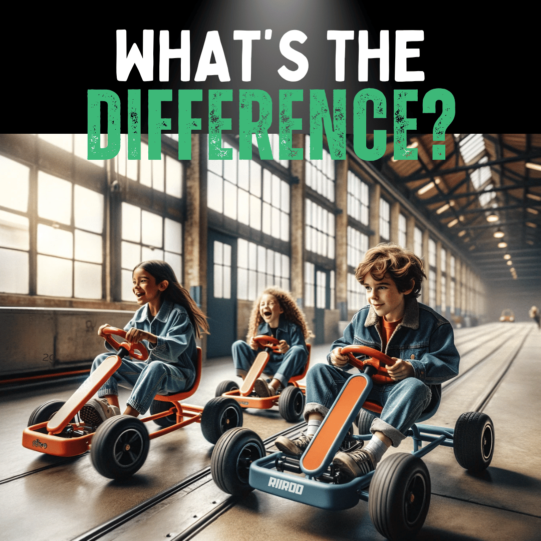 Inside a large, industrial space with big windows and concrete floors, three young children are joyfully driving pedal go-karts