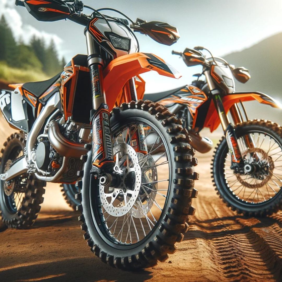 Two dirt bikes parked side by side on a dirt track, one labeled as a 2-stroke and the other as a 4-stroke