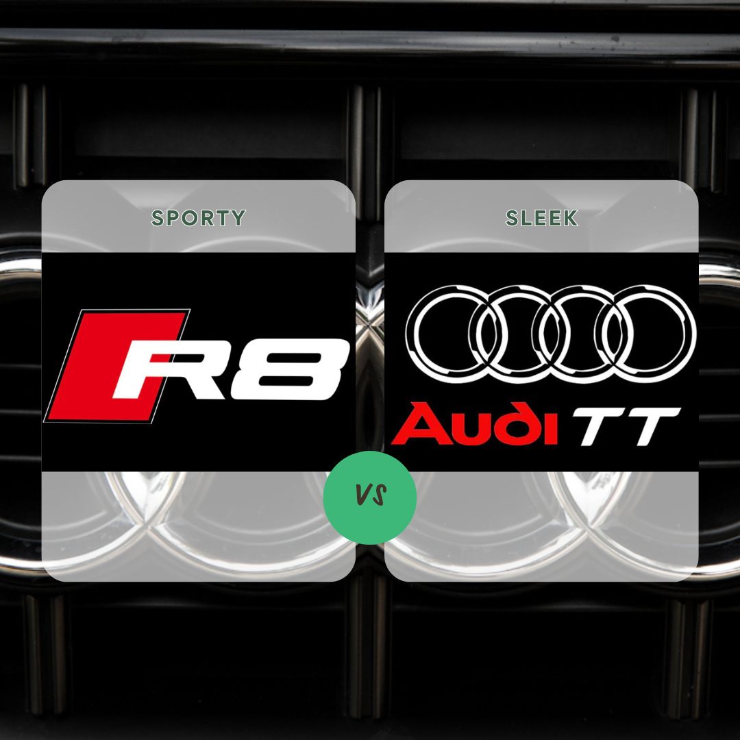 side-by-side comparison between two cars, labeled with the words "SPORTY" for the Audi R8 and "SLEEK" for the Audi TT