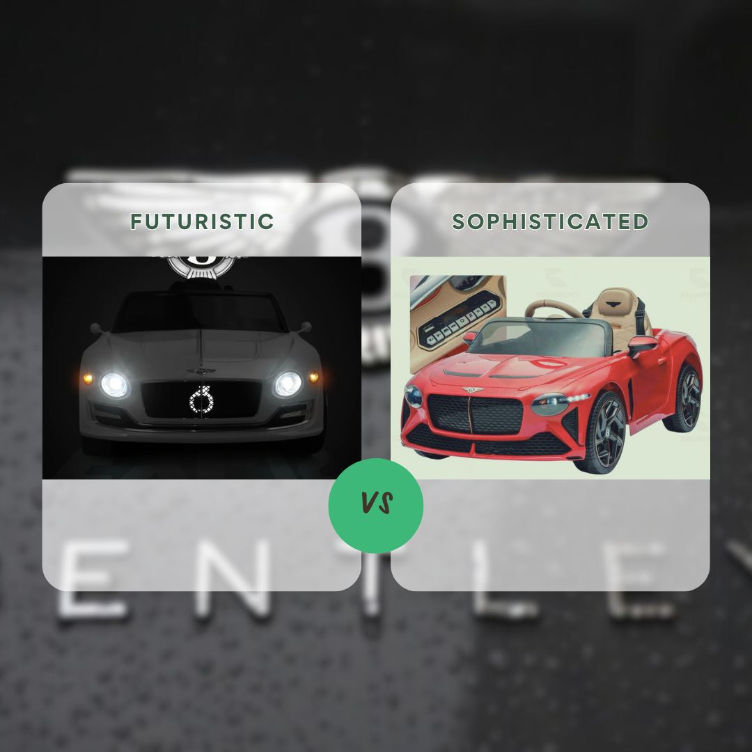 Side-by-side comparison of toy Bentley EXP12 labeled "Futuristic" and Bentley Bacalar labeled "Sophisticated" with a green "vs" badge between them on a dark background