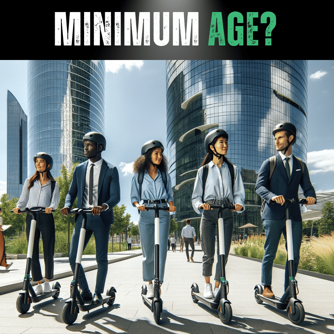 Four diverse adults are riding electric scooters on a paved path with modern skyscrapers in the background.