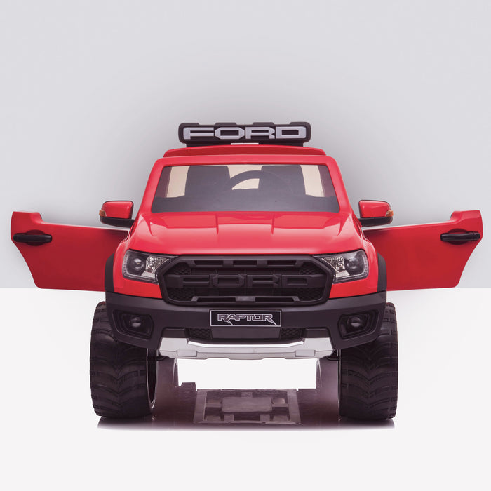 kids 12v electric ford ranger raptor f150 battery operated ride on car with parental remote control front doors open red wildtrak 2wd