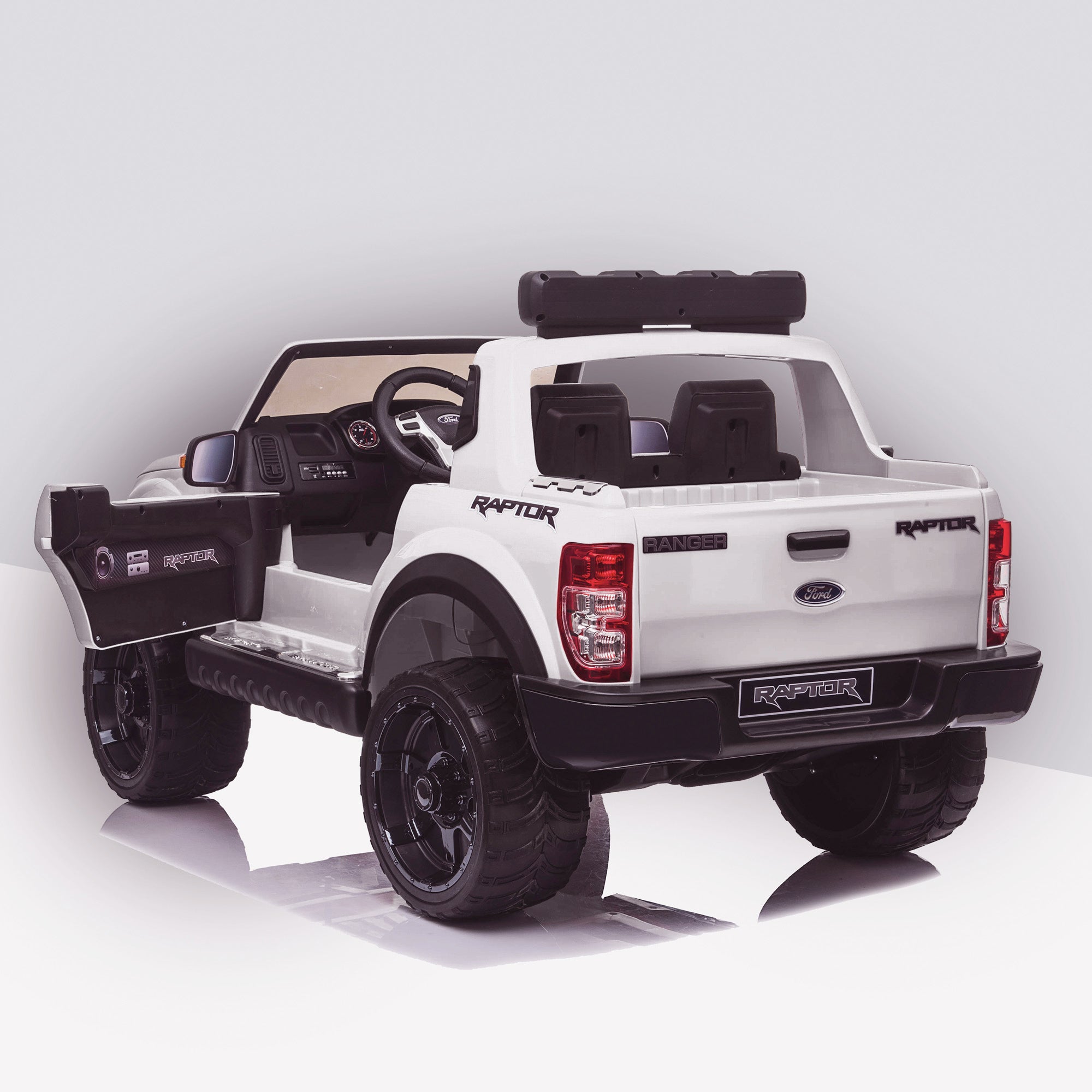 kids 12v electric ford ranger raptor f150 battery operated ride on car with parental remote control rear angle doors open white wildtrak 2wd
