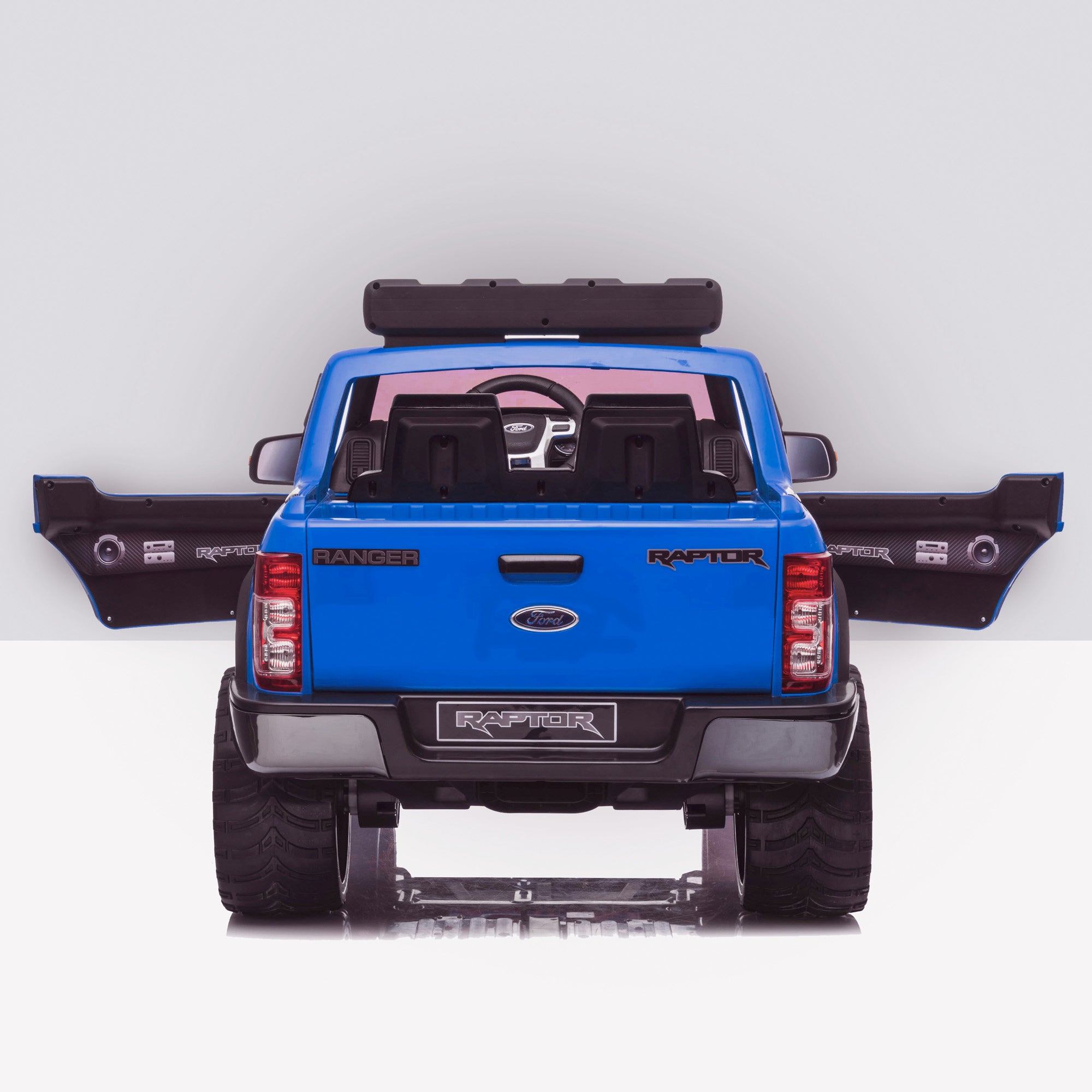 kids 12v electric ford ranger raptor f150 battery operated ride on car with parental remote control rear doors open blue wildtrak 2wd