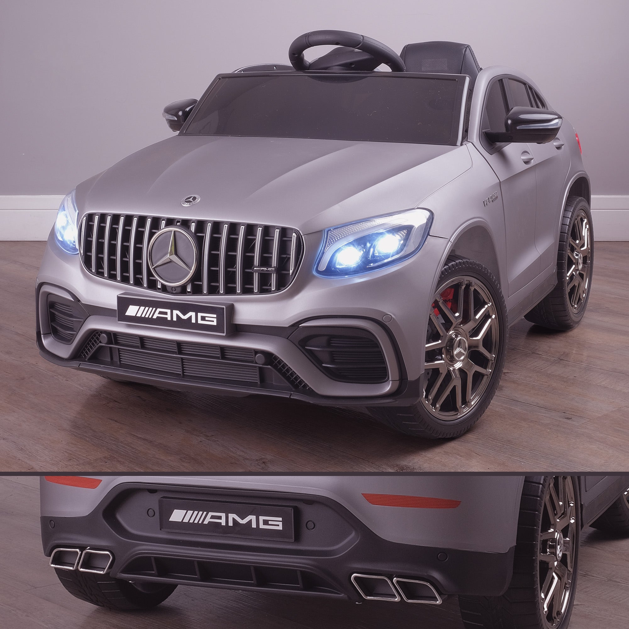 kids 12v electric mercedes glc 63s coupe battery car jeep pick up battery operated ride on car with parental remote control mat gray front angle lights on benz amg licensed 2wd