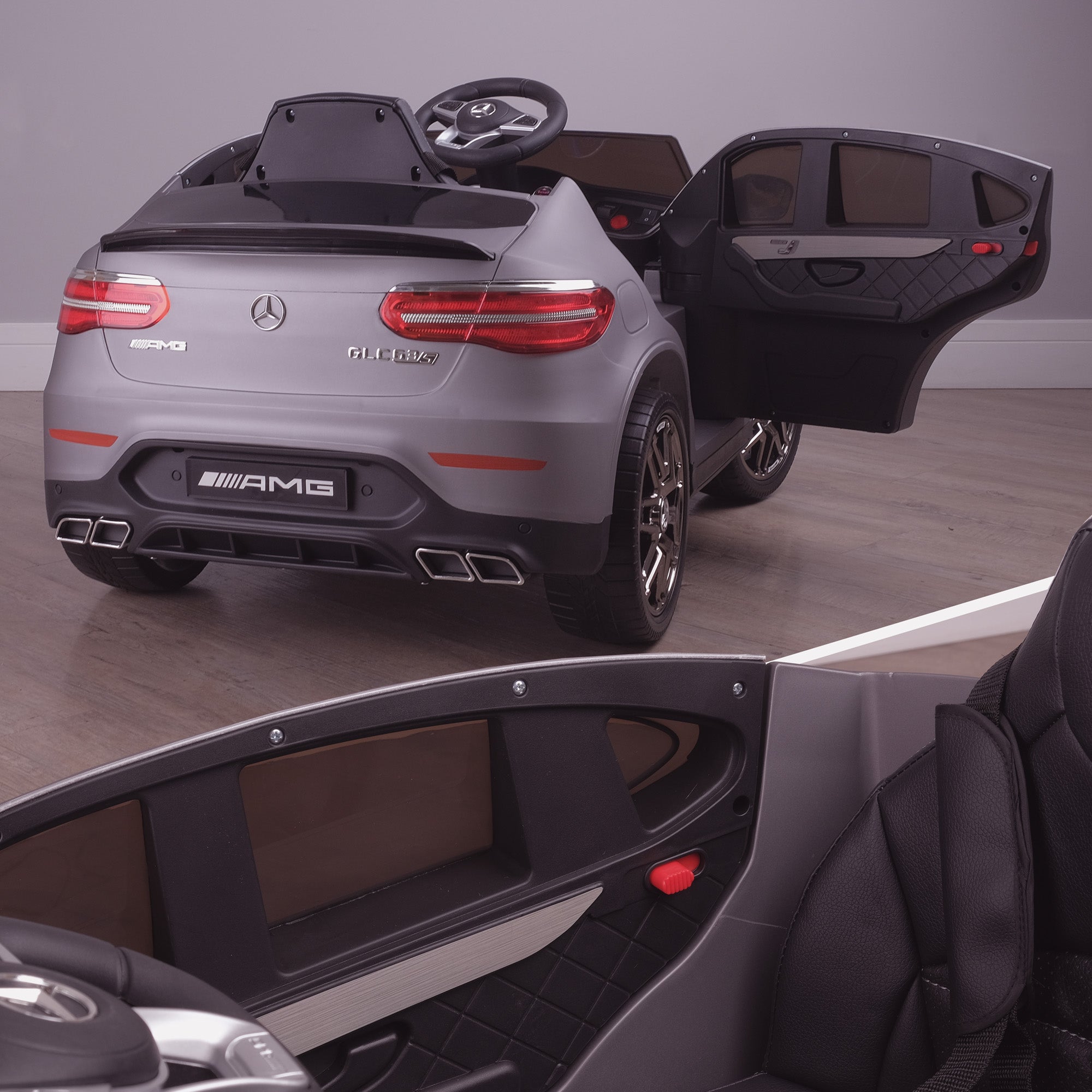 kids 12v electric mercedes glc 63s coupe battery car jeep pick up battery operated ride on car with parental remote control mat gray rear angle door open benz amg licensed 2wd