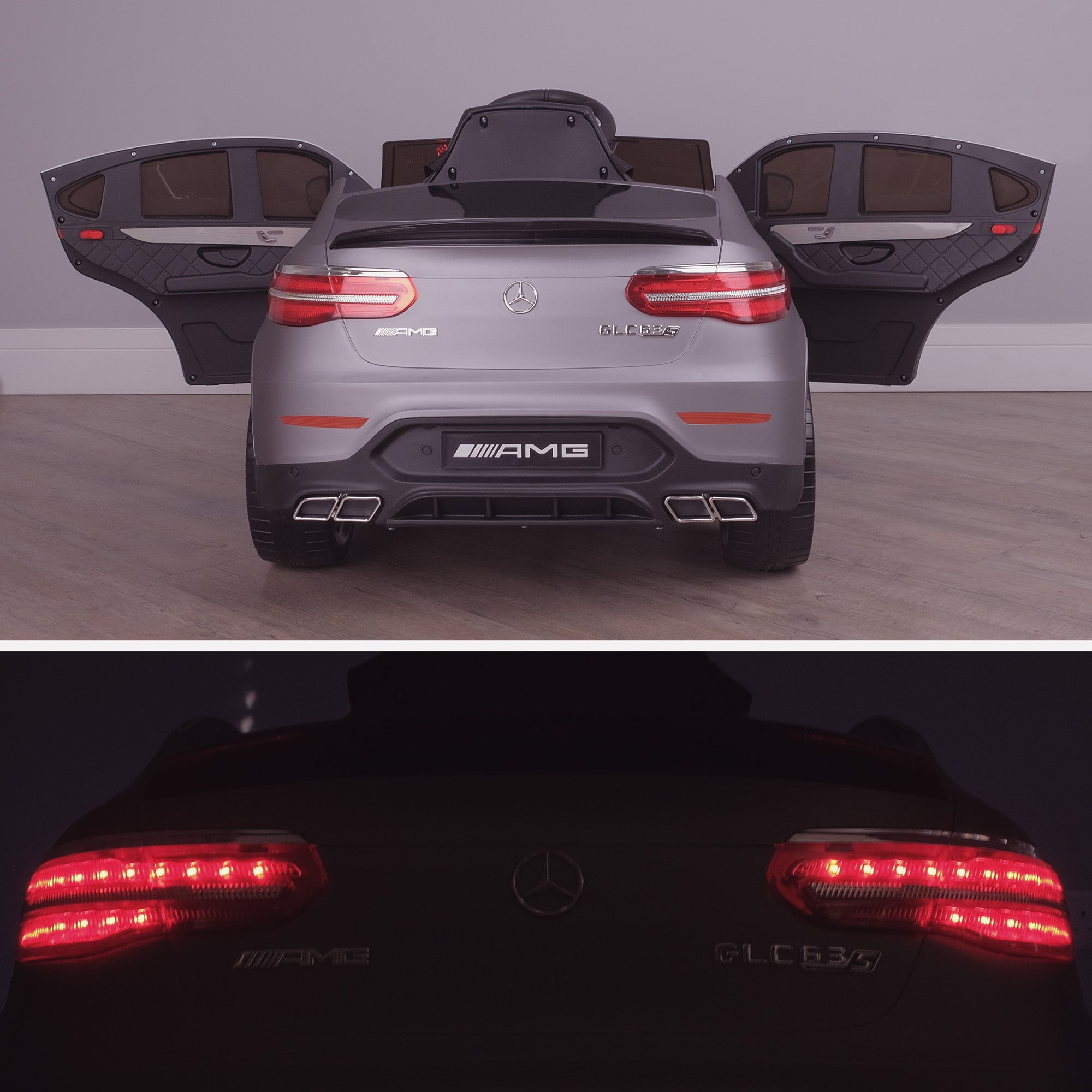 kids 12v electric mercedes glc 63s coupe battery car jeep pick up battery operated ride on car with parental remote control mat gray rear doors open benz amg licensed 2wd