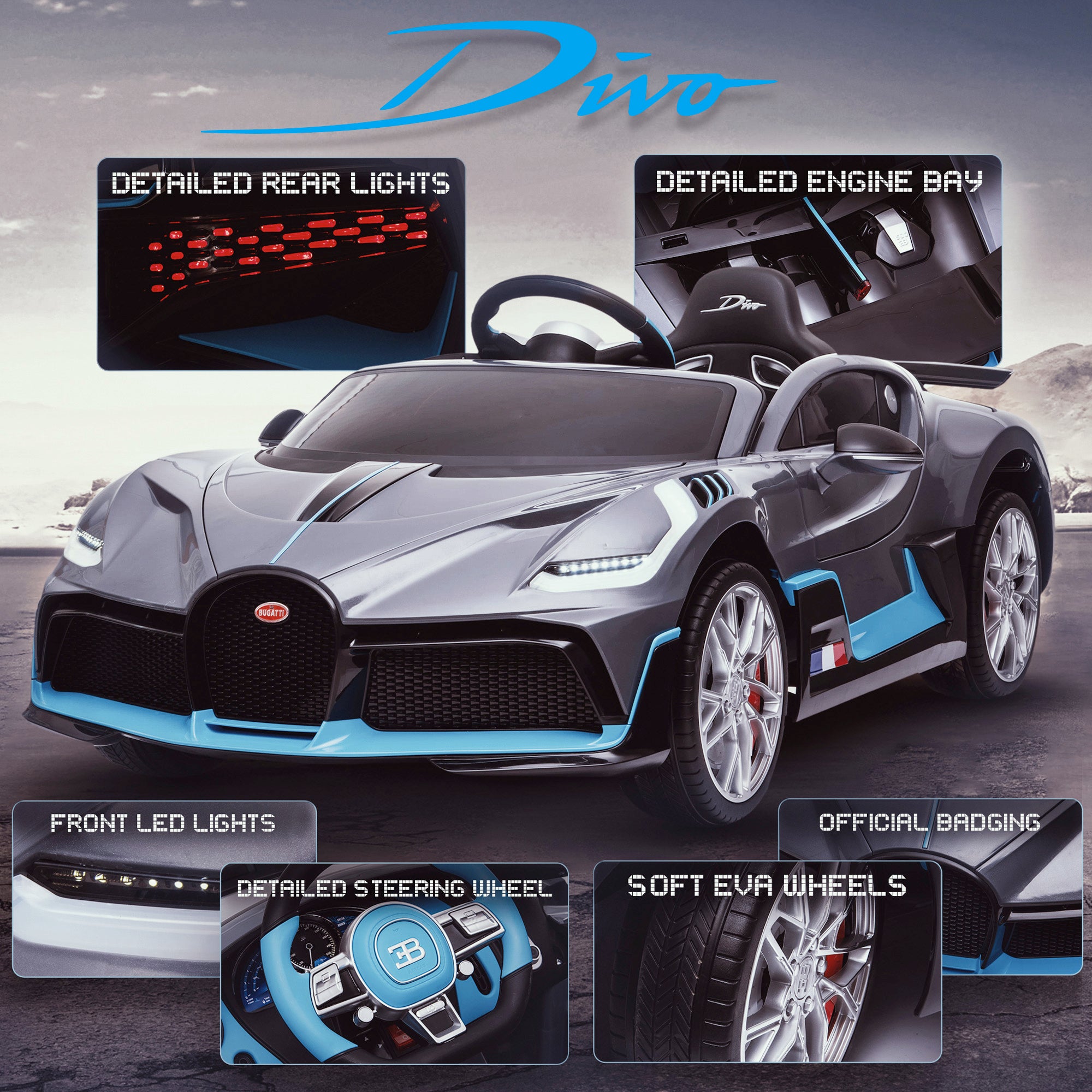 kids bugatti divo licensed ride on electric car supercar with parental remote control main promo gray 12v