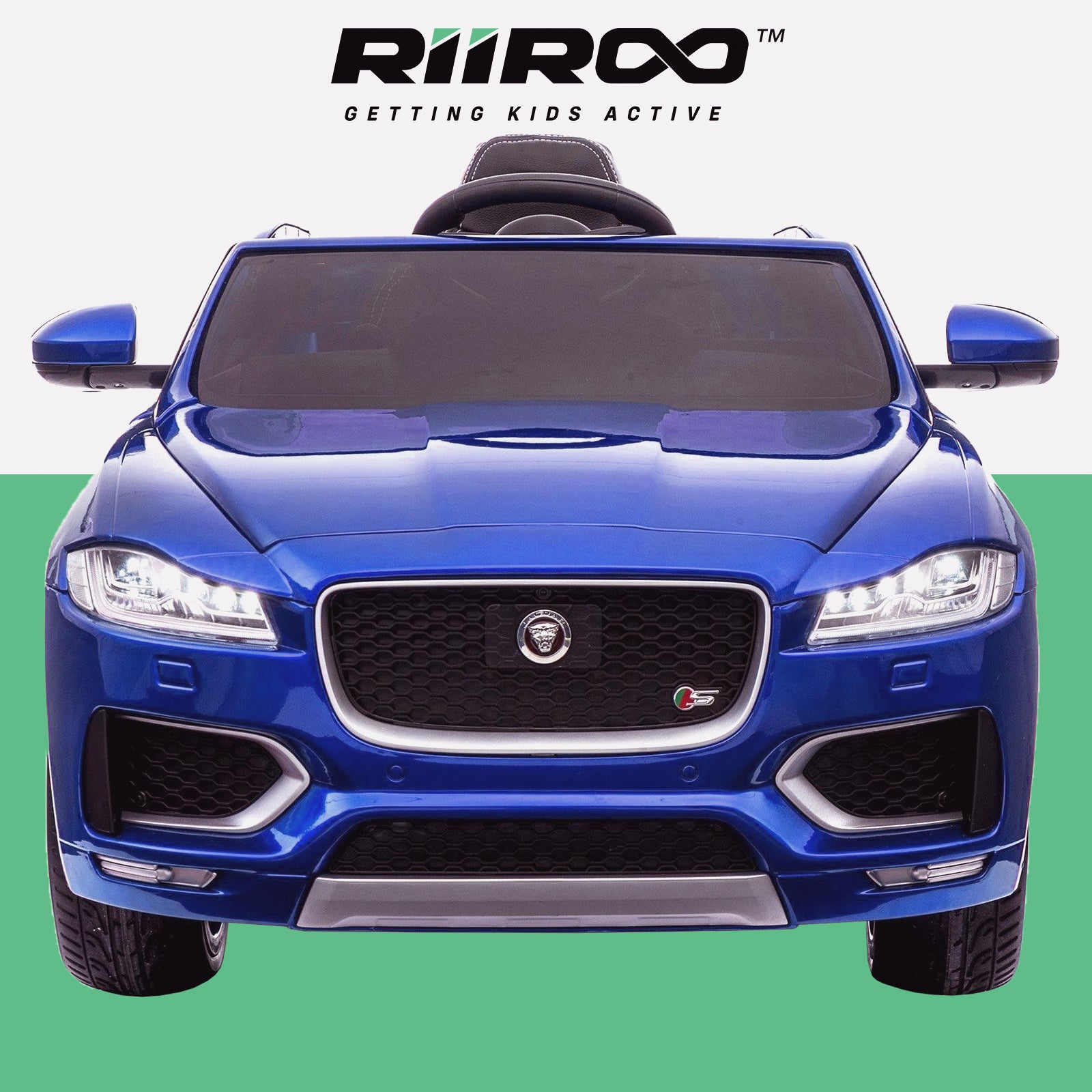 kids electric ride on jaguar f pace licensed battery operated car with parental remote control 12v front 2 blue