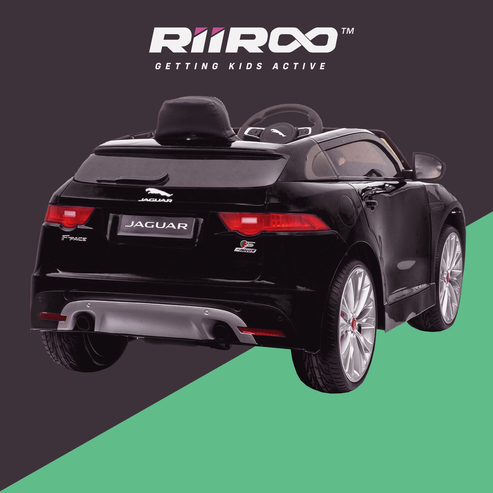 kids electric ride on jaguar f pace licensed battery operated car with parental remote control 12v rear perspective black