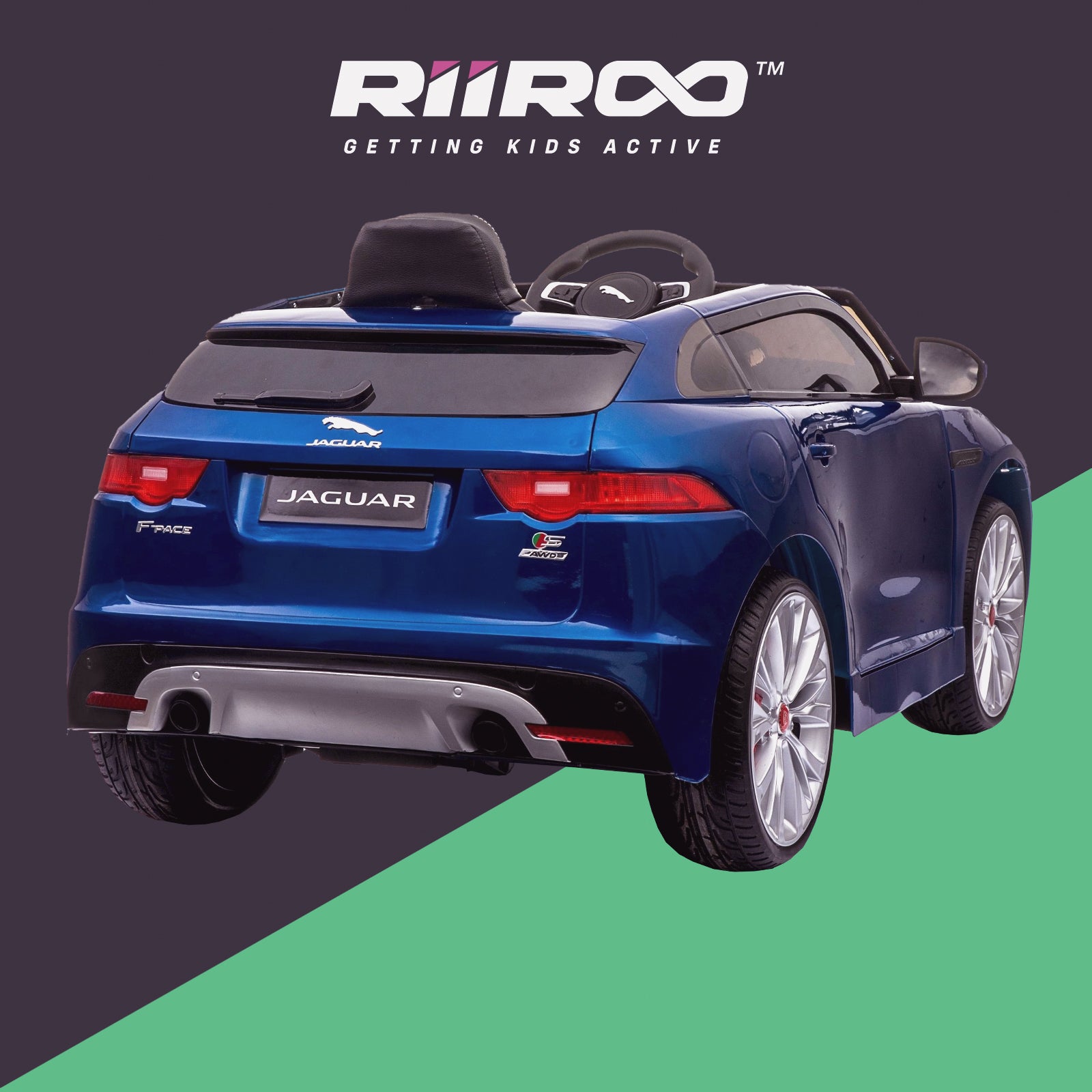 kids electric ride on jaguar f pace licensed battery operated car with parental remote control 12v rear perspective blue