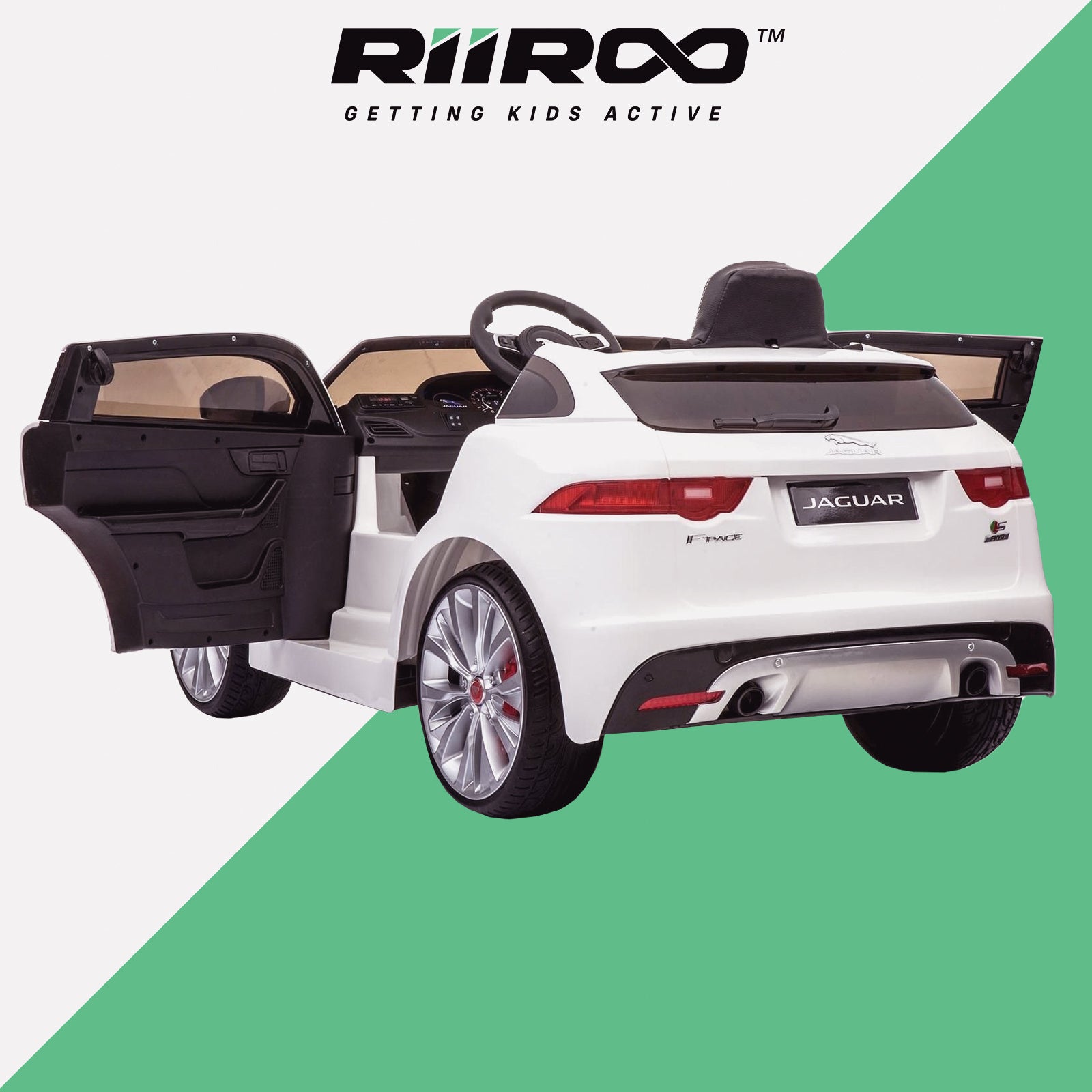 kids electric ride on jaguar f pace licensed battery operated car with parental remote control 12v rear perspective doors open