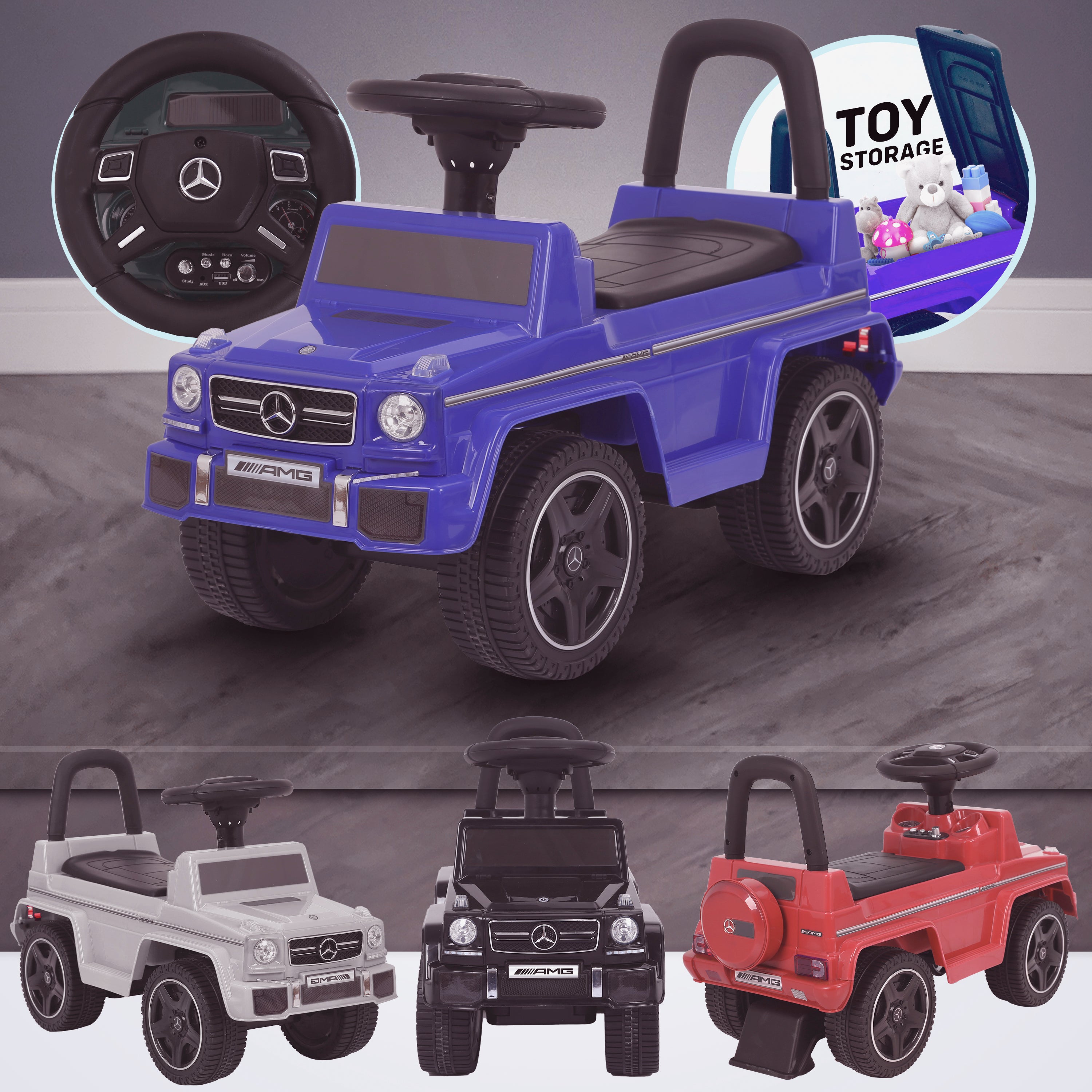kidspush along mercedes g63 amg with seat storage media centre ride on car blue kids push box and