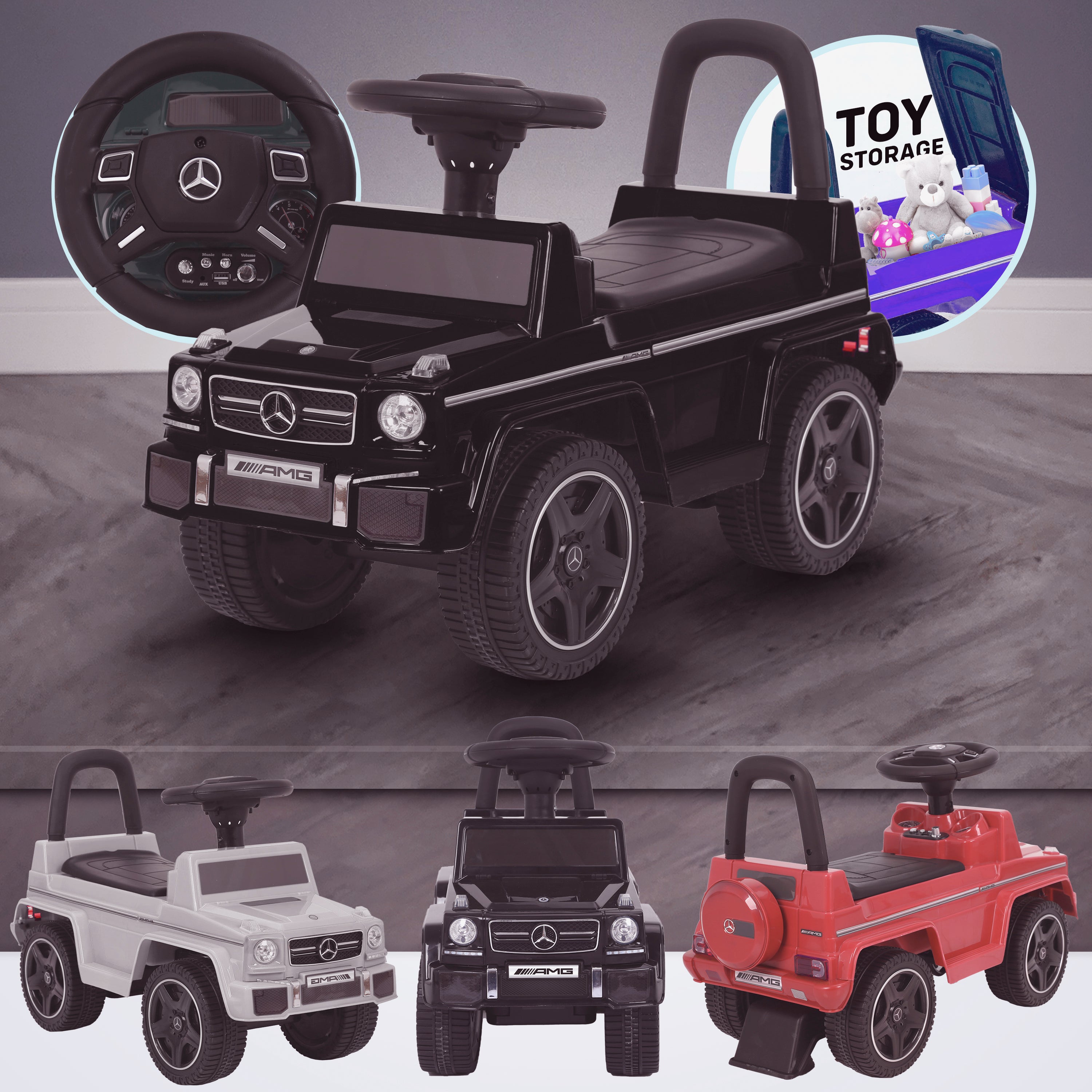 kidspush along mercedes g63 amg with seat storage media centre ride on car black Black kids push box and