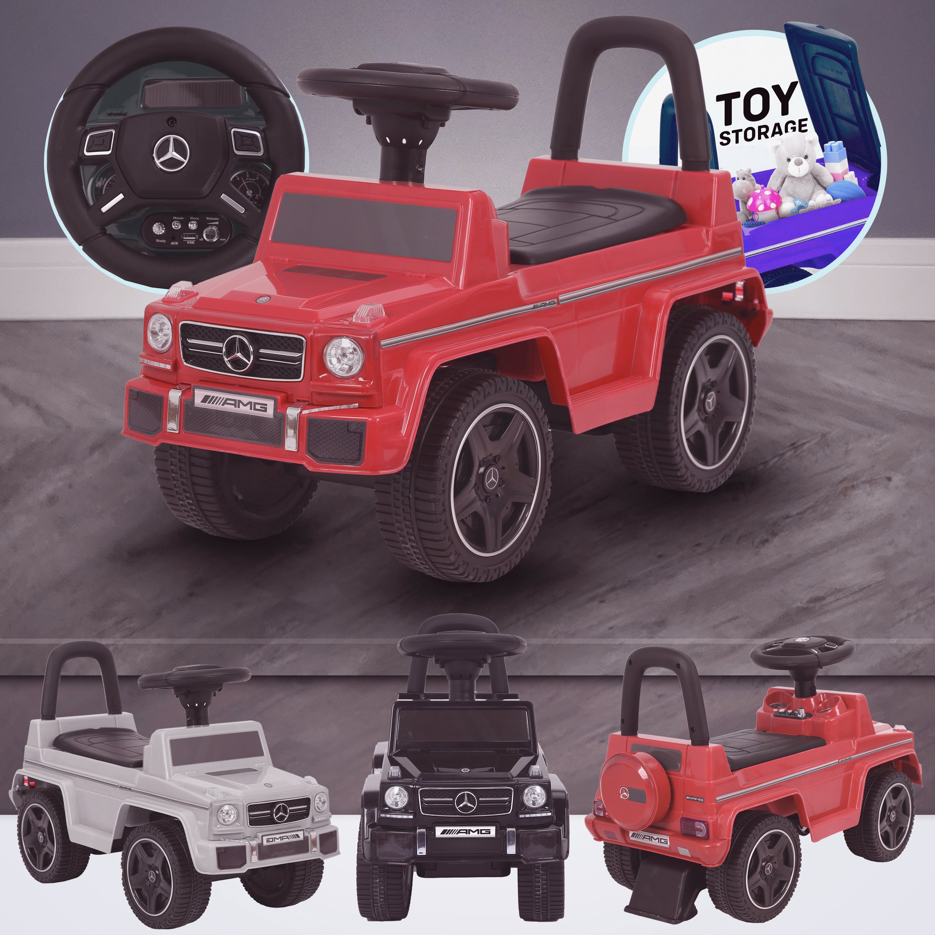 kidspush along mercedes g63 amg with seat storage media centre ride on car red Red kids push box and