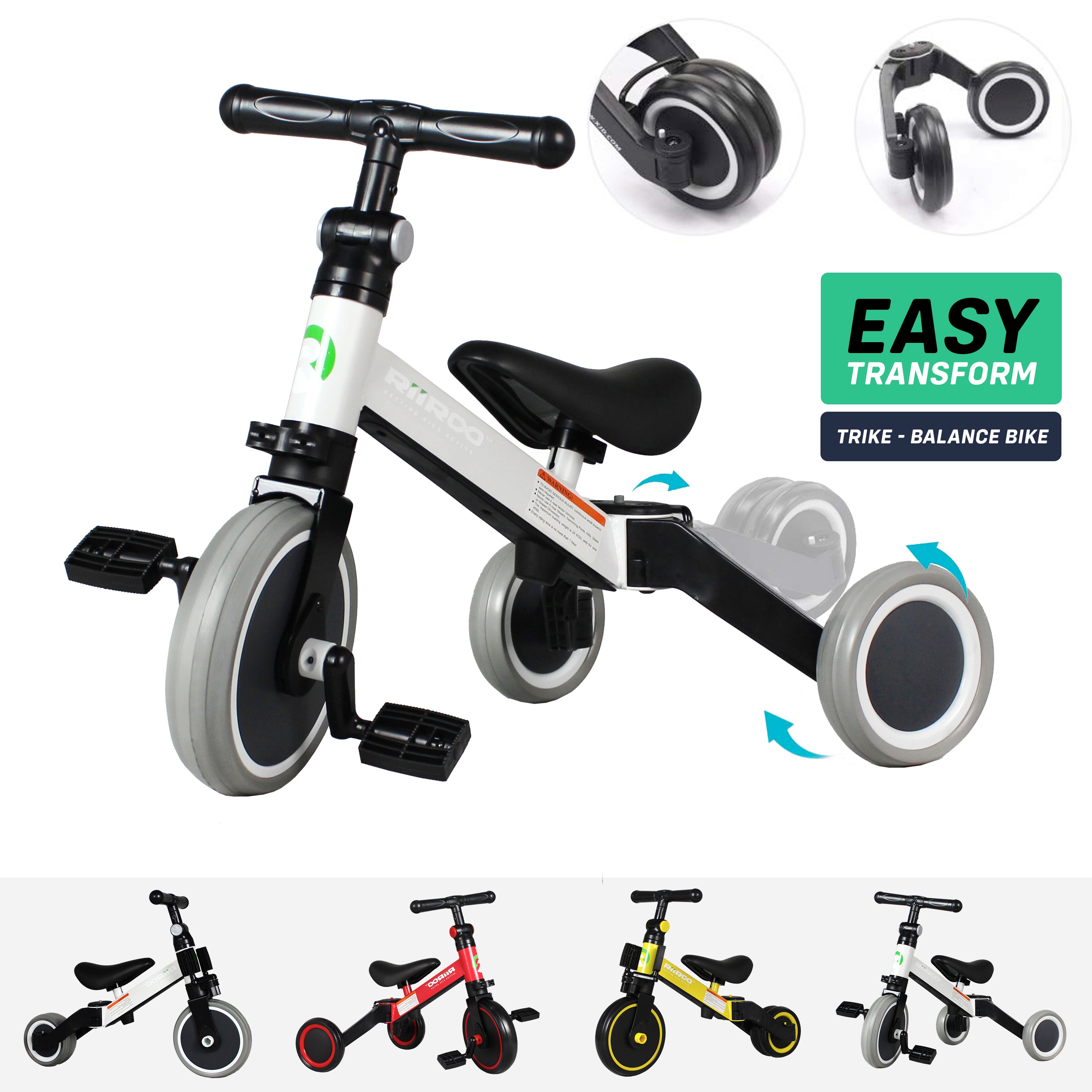 riiroo three in one trike white White 3 1 kids tricycles wheel toddler balance bike adjustable seat