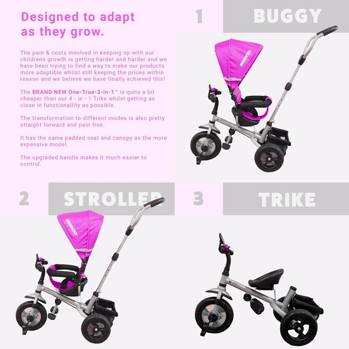 RiiRoo 3 Wheel Trike For Toddlers Ride On Buggy Handle Bar 3 In 1 Pink
