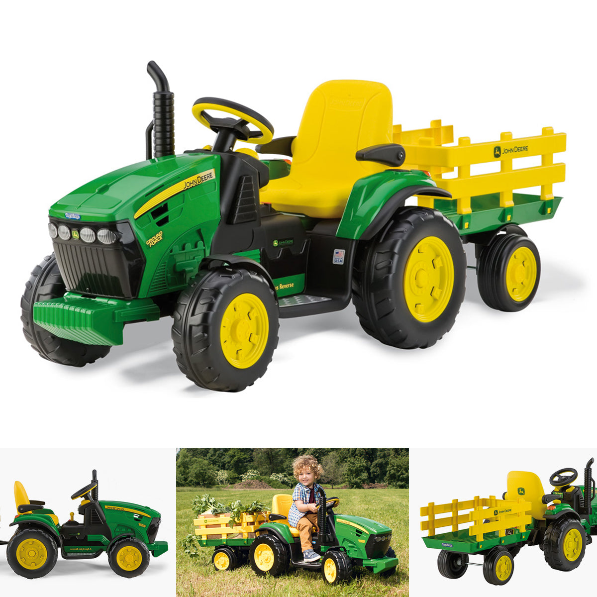 Peg Perego John Deere Ground Force with Trailer - Green & Yellow