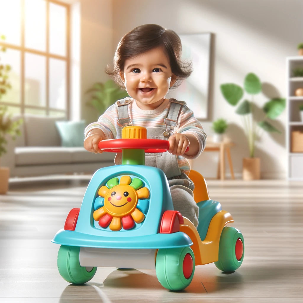 A baby happily playing with a colorful ride-on toy in a safe, indoor environment