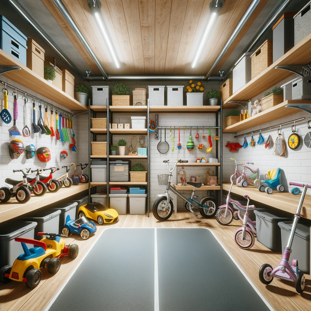 A photograph of a neatly organized garage featuring various kids' ride-on toys like tricycles and scooters