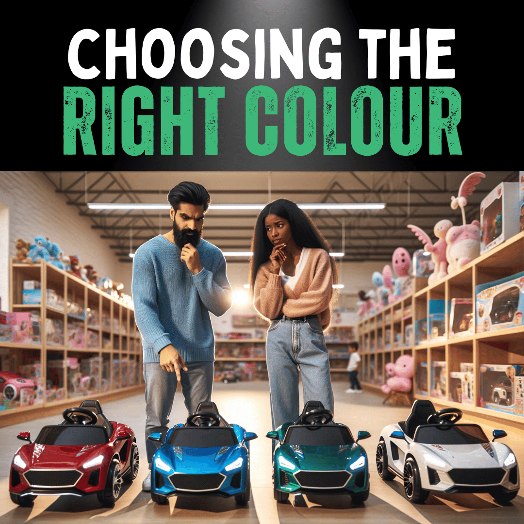 An image showcasing a South Asian man and a Black woman, both in casual attire, contemplating which color of a kids' ride-on car to choose in a brightly lit toy showroom