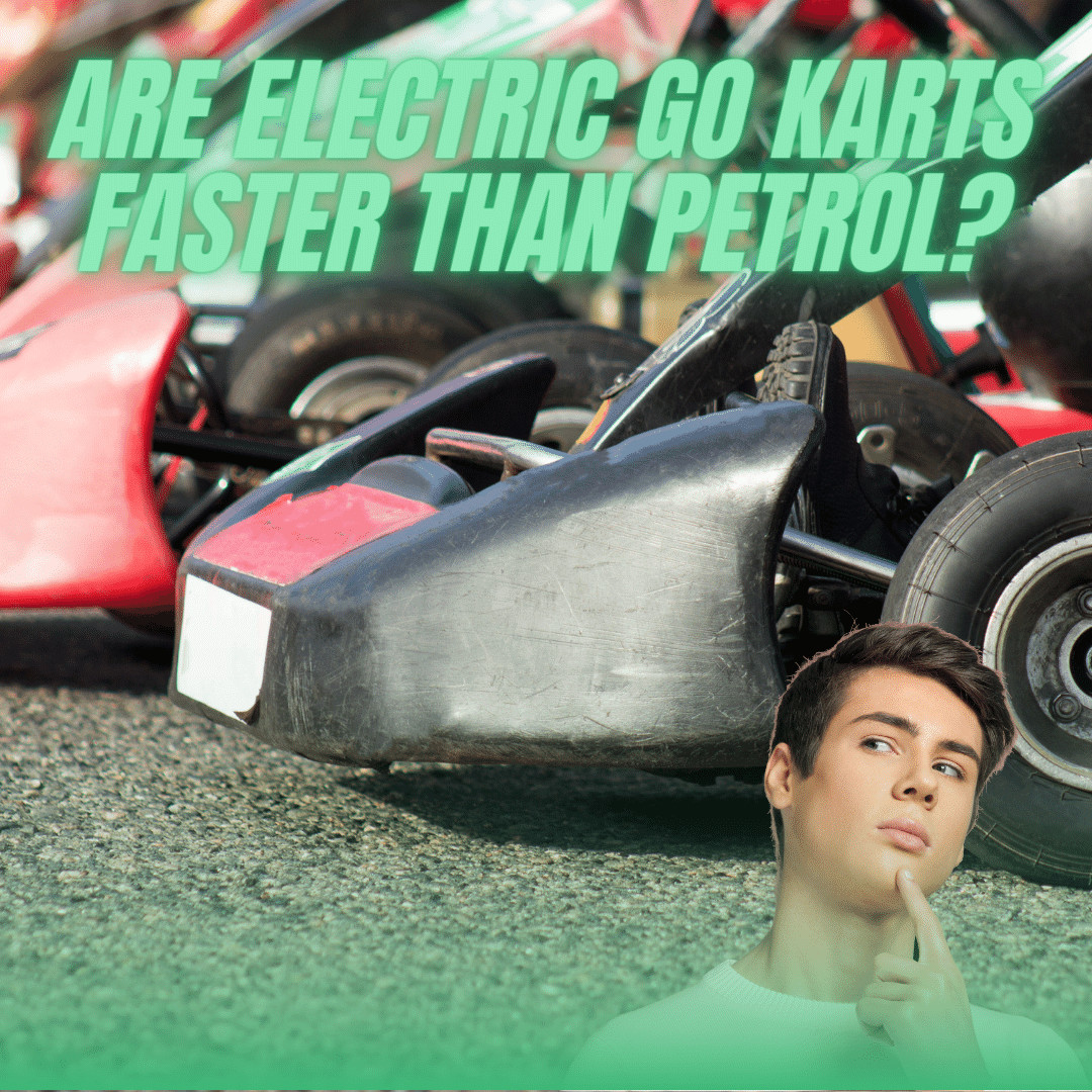 a guy looking up and thing "Are electric go karts faster than petrol?""