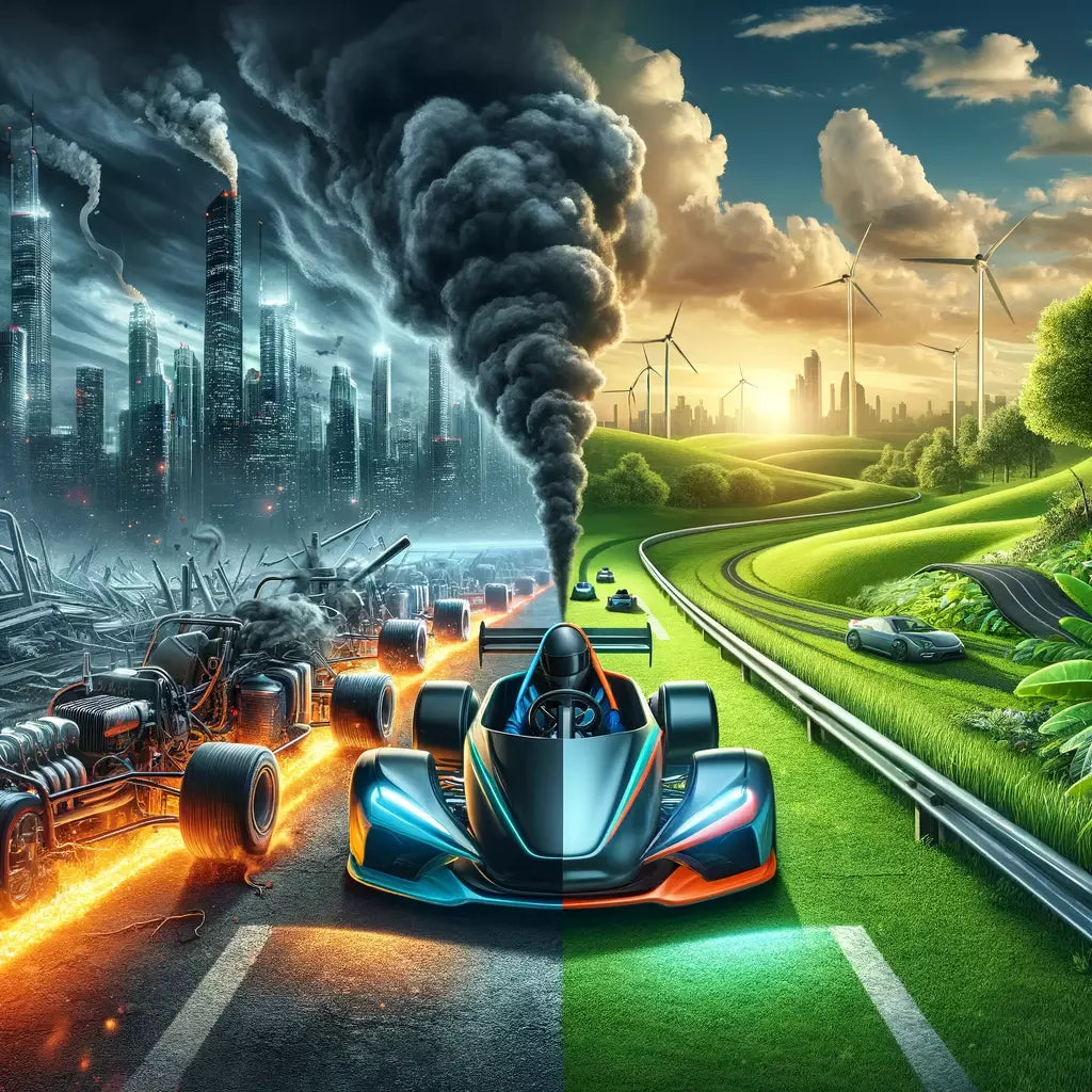 The image contrasts petrol and electric go karts environmentally. It features a gasoline kart with dark smoke against a grey, polluted skyline, and an electric kart, sleek and smoke-free, amidst a green landscape and blue skies.