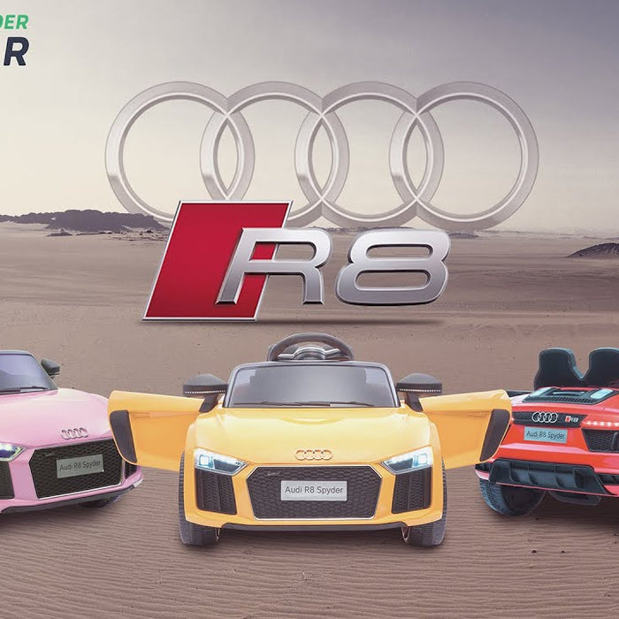 A pink, yellow and red Audi R8 ride on car collection
