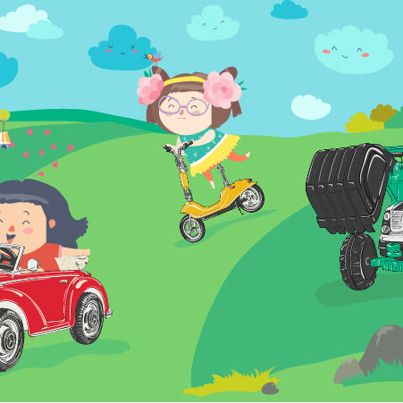 cartoon of kids on RiiRoo ride on toys