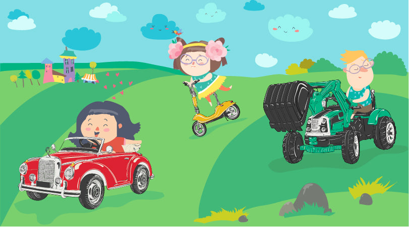 cartoon of kids on RiiRoo ride on toys