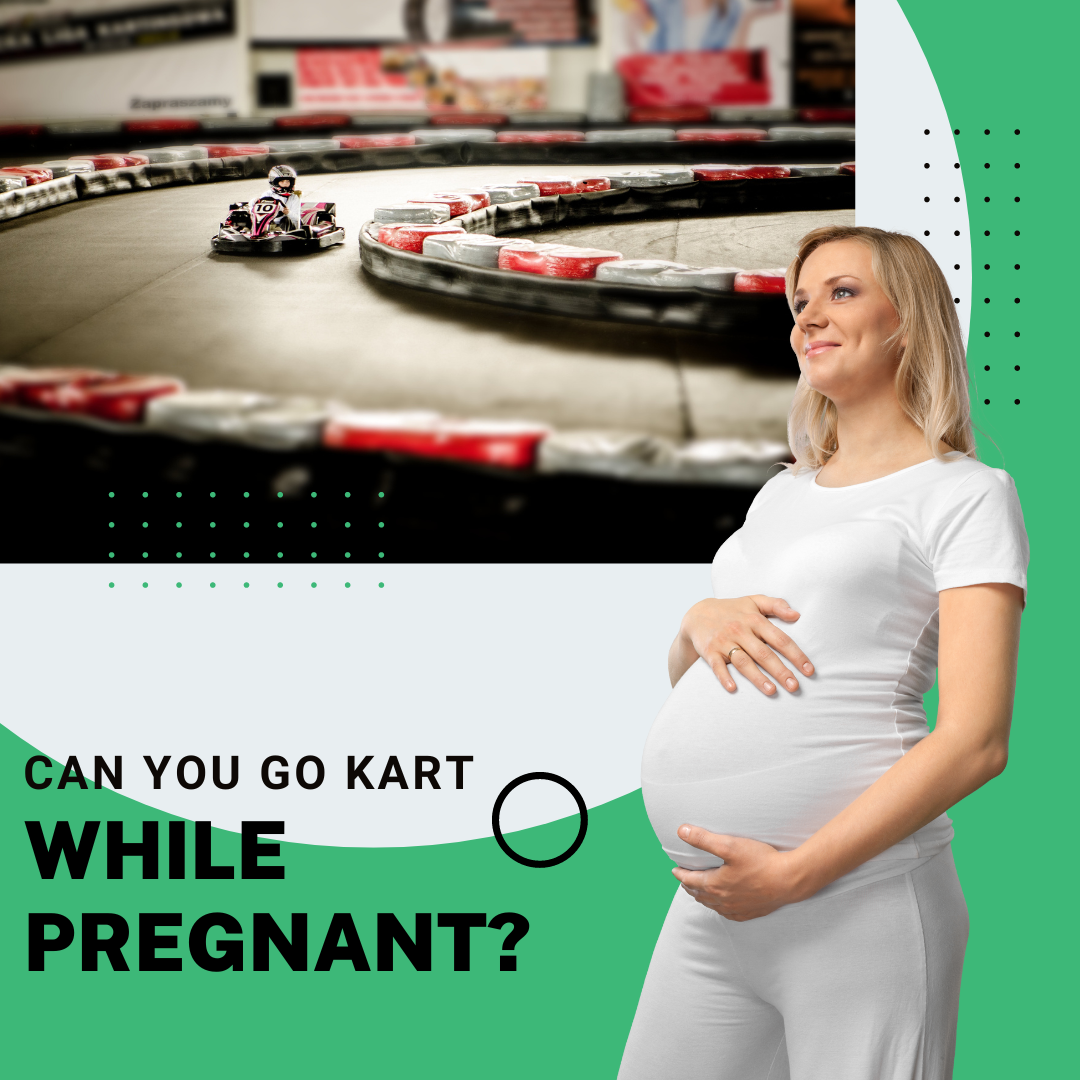 a pregnant woman holding her belly while looking at a go kart track