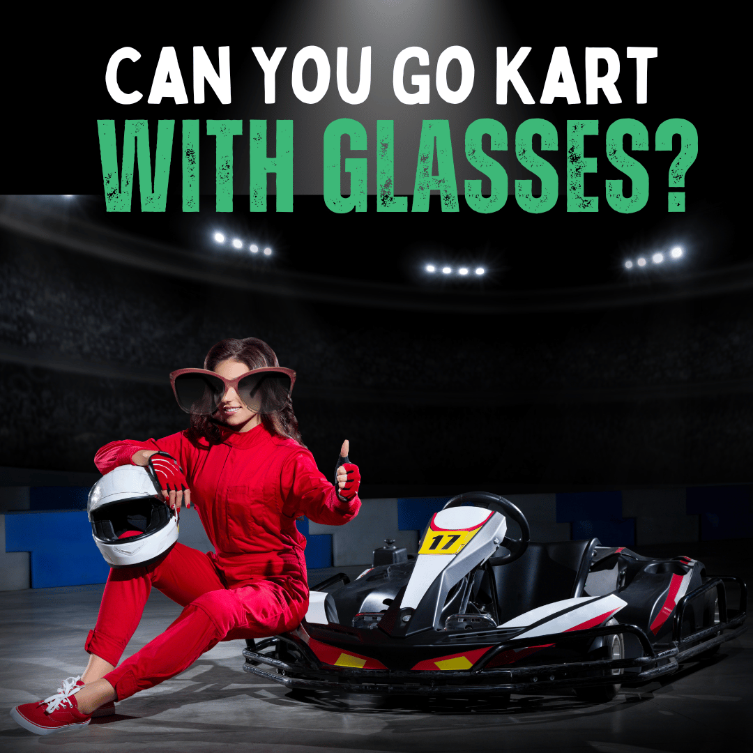 a young woman sitting on a go kart with huge glasses on