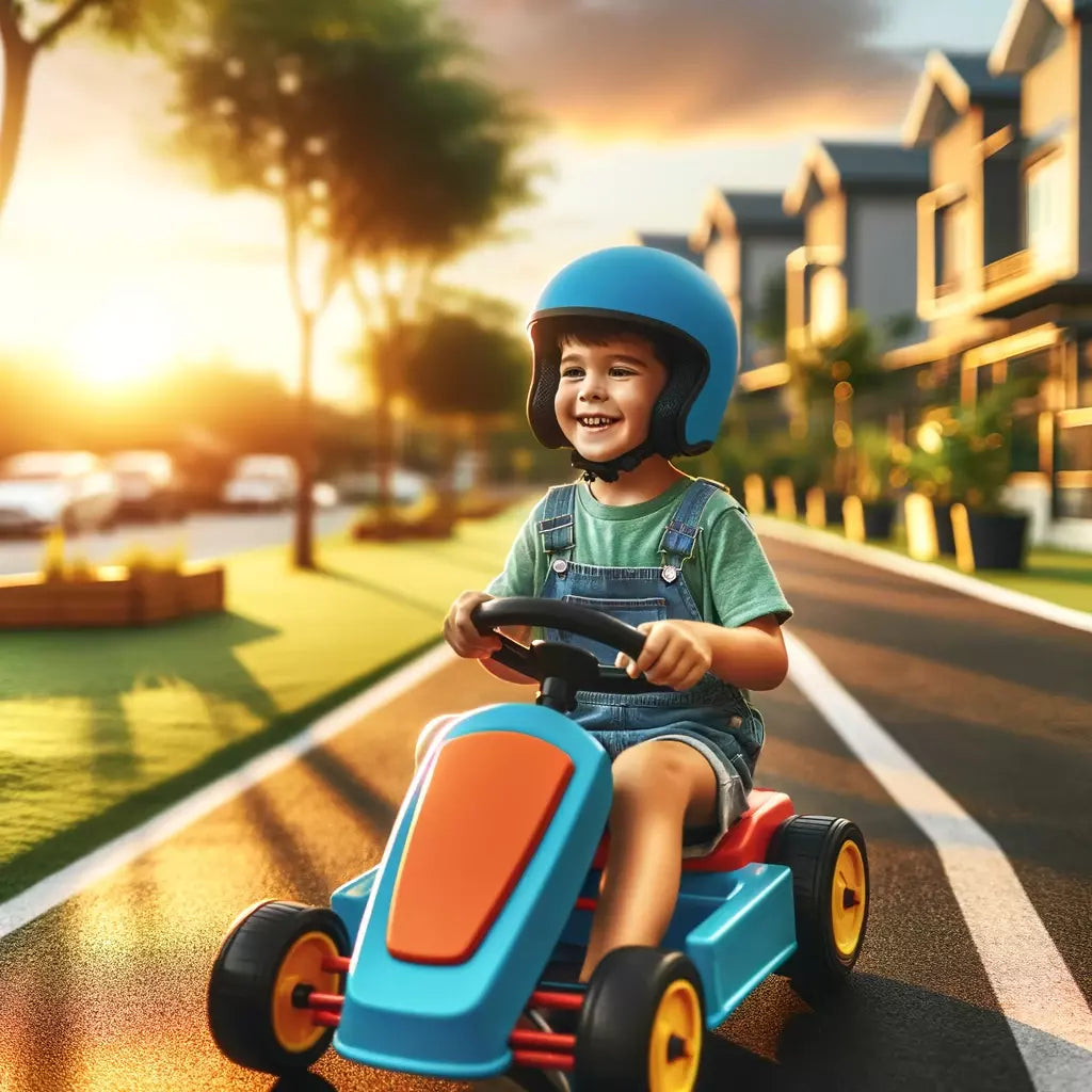 A young child wearing a safety helmet, joyfully riding a colorful pedal go-kart on a safe, designated track surrounded by greenery, with a blurred background of a residential area, demonstrating a safe alternative to road usage.