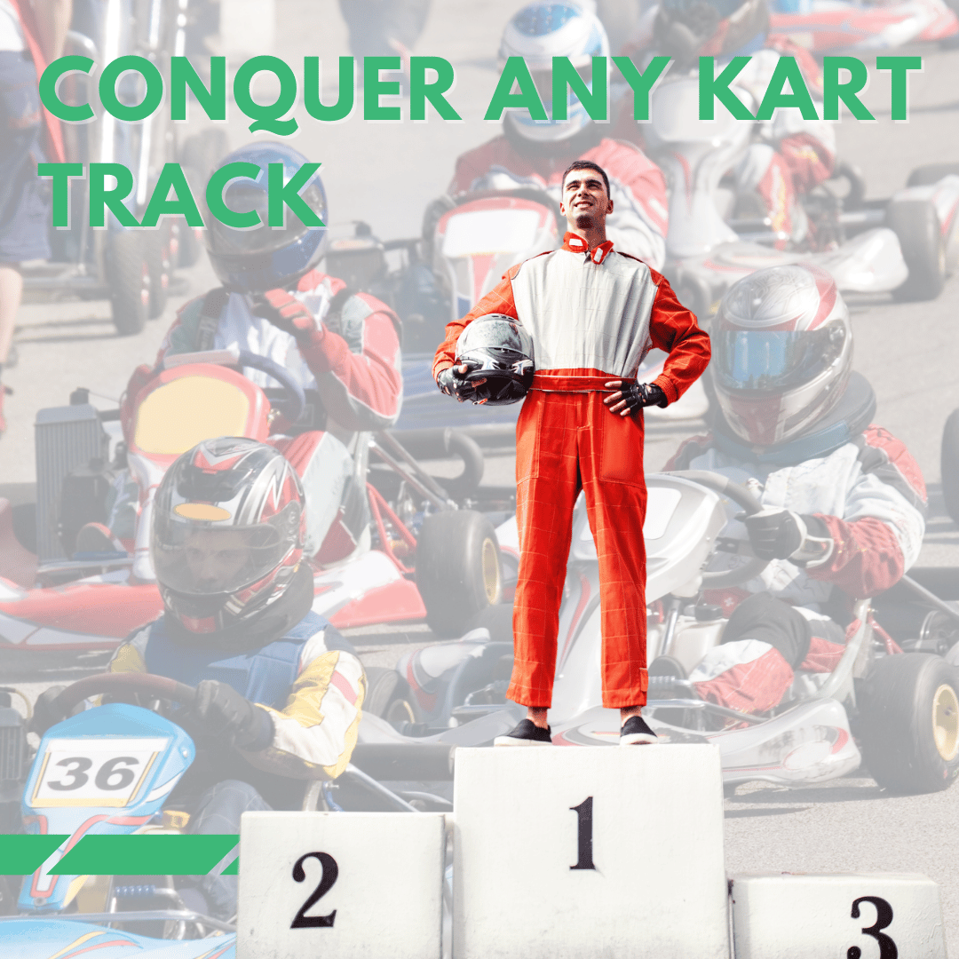 A go kart racer standing on the winner's step