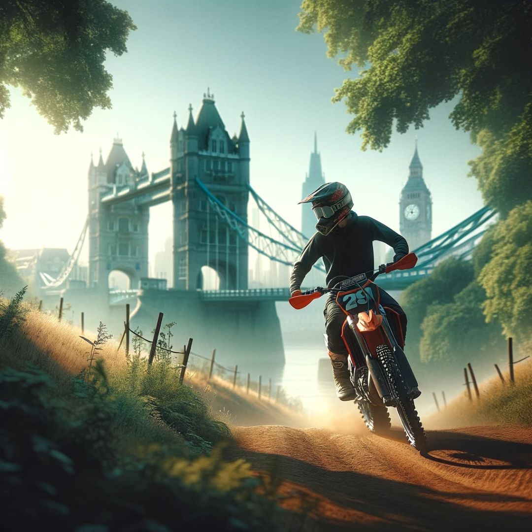Dirt Bike Riding in London - a single dirt biker, focused and determined, riding along a natural, scenic trail.