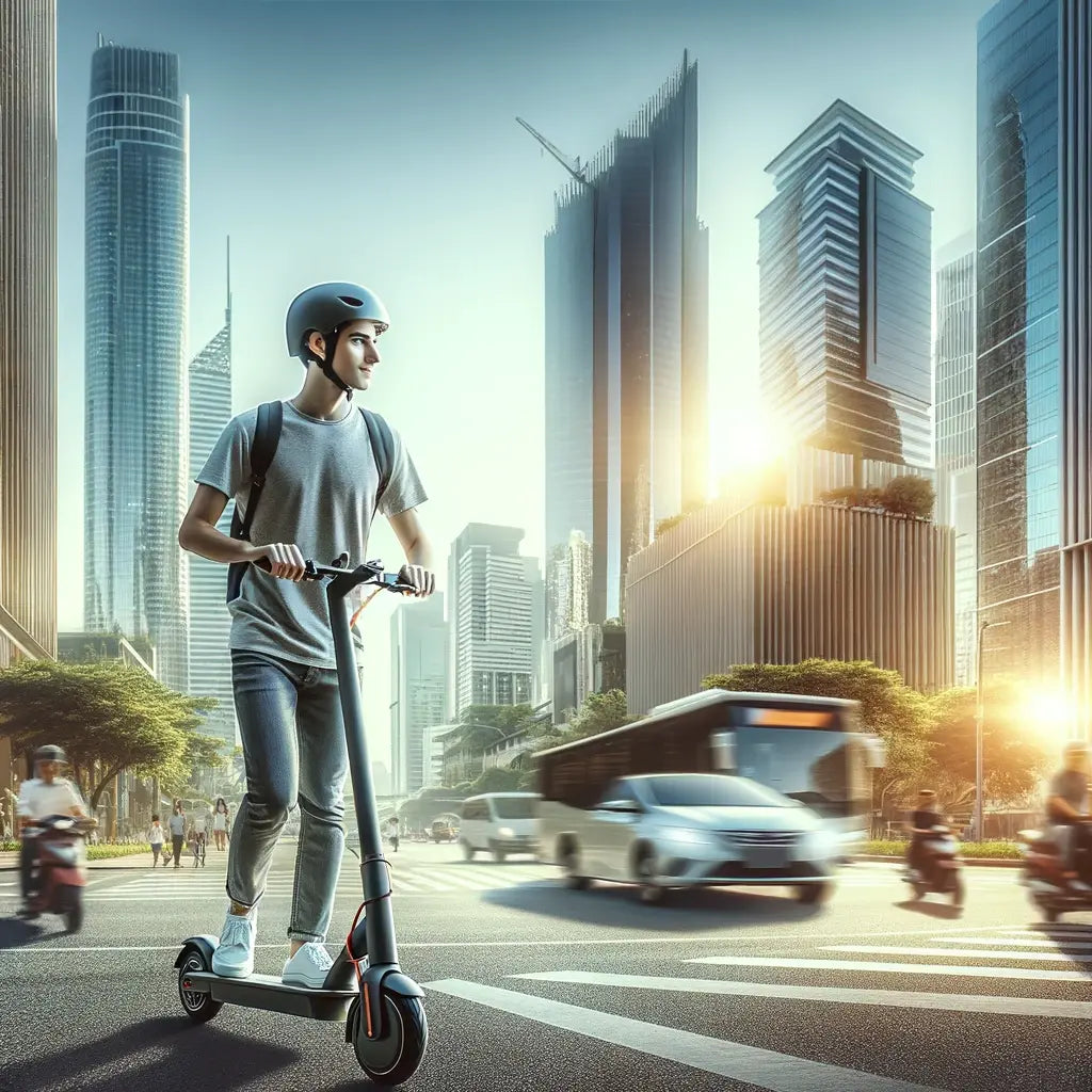 a modern urban setting featuring a young adult riding an electric scooter on a city street. The background should include elements like skyscrapers, traffic, and pedestrians, highlighting a busy urban environment.
