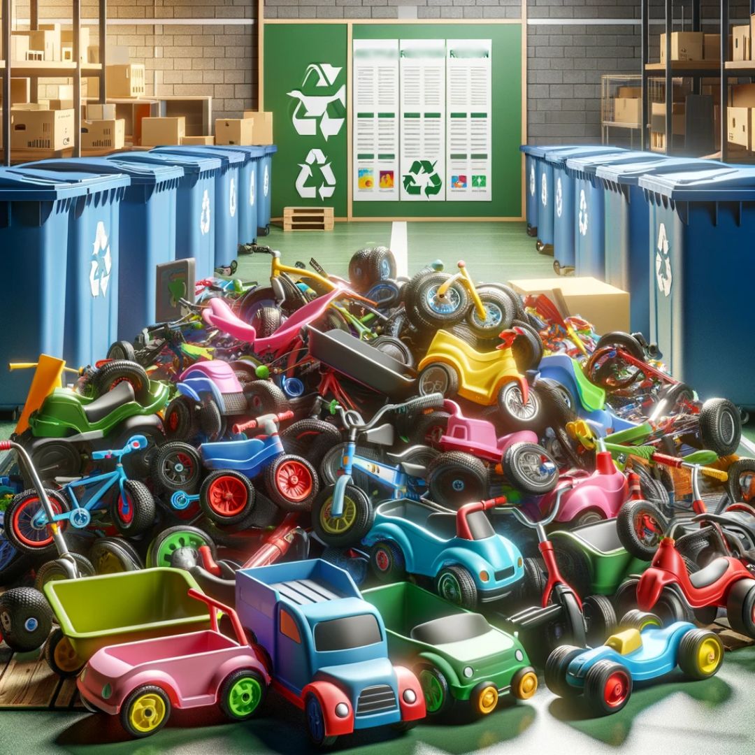 Here's How To Dispose of Kids Ride on Toys - A pile of assorted kids ride-on toys including cars, bikes, and scooters, neatly arranged for recycling or donation.