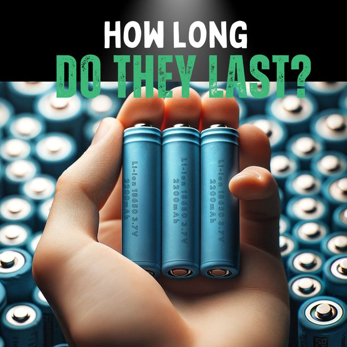 A close-up photo of a human hand holding three cylindrical lithium-ion batteries with blue wrapping, labeled 'Li-ion 18650 3.7V 2200mAh