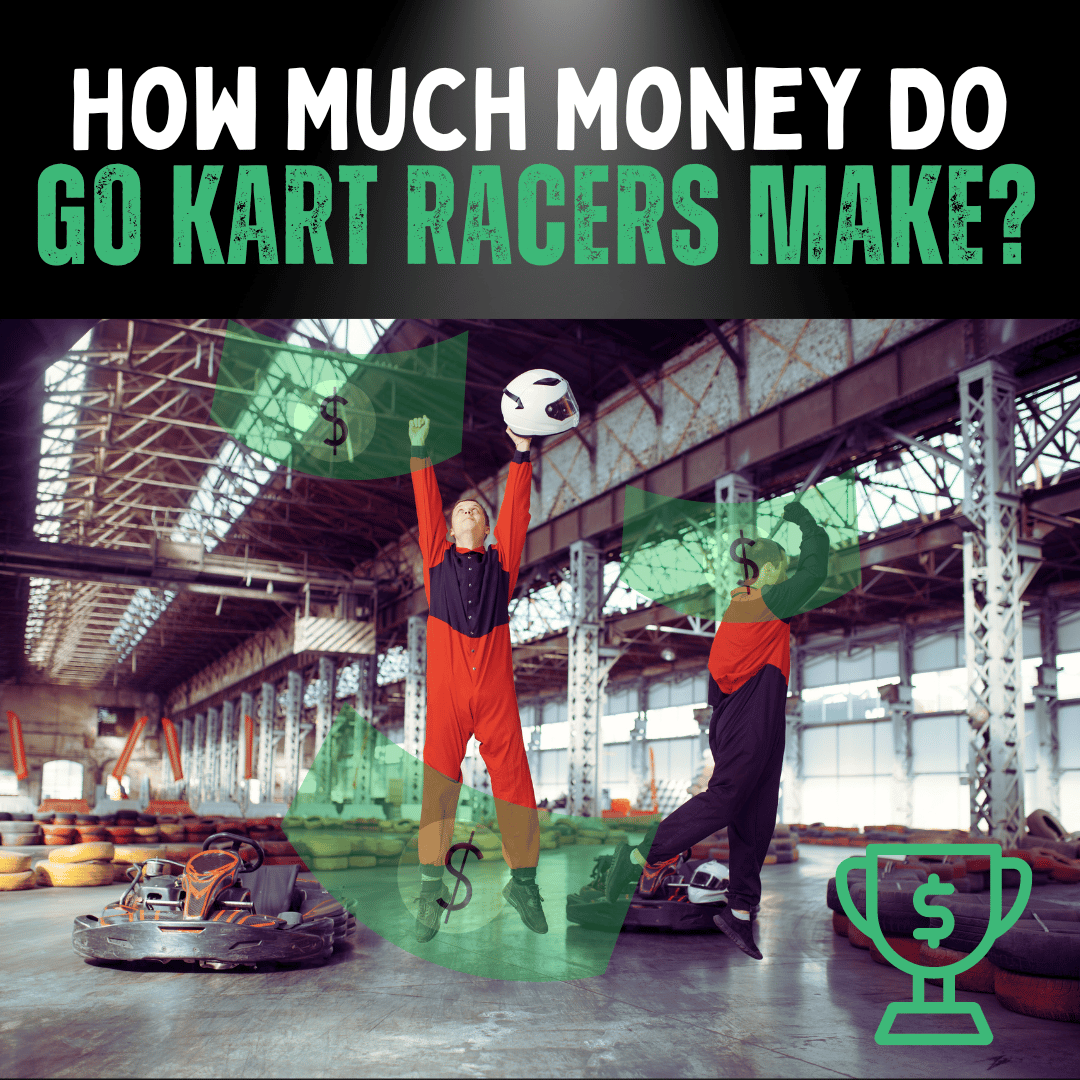 An image of a go-kart racer celebrating a victory or a successful race. This can suggest the financial rewards that can come with winning races or achieving high standings.