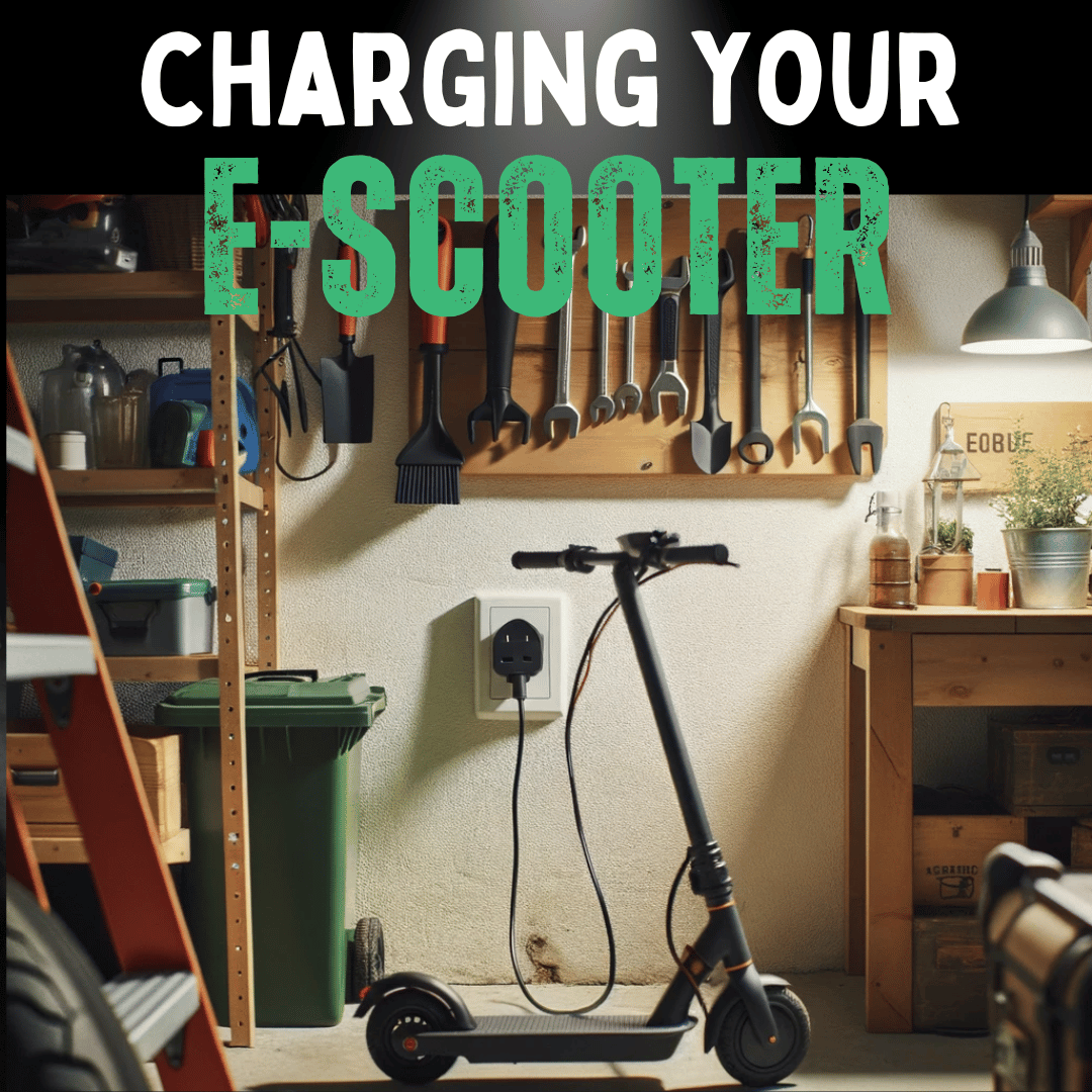 A garage setting in the UK. The e-scooter is leaning against a wall, and its charging cord extends to a UK plug socket on the wall. 