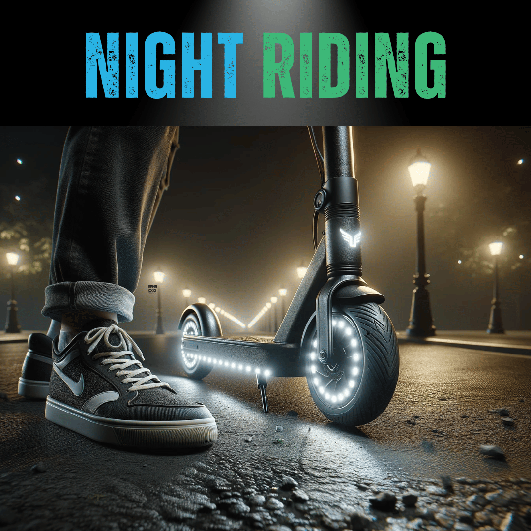 A photo-realistic image of an e-scooter during nighttime. The scooter's front wheel, showing wear and dirt, is in sharp focus, hinting at frequent use. Radiant white LED lights adorn the scooter's front and sides